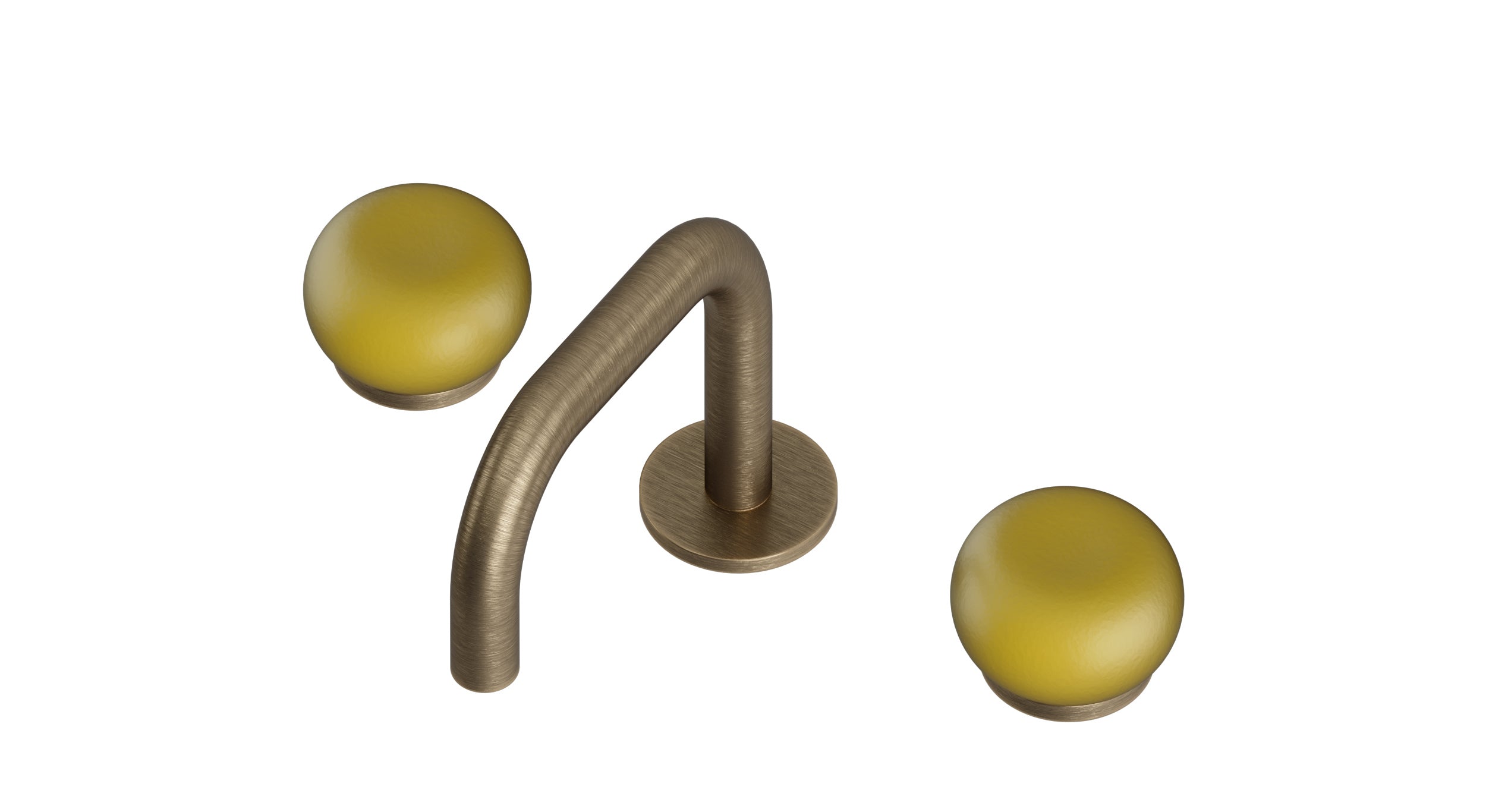 Foundry Two Handle Deck Mount Squaretop Lavatory Faucet with Pebble Ceramic Knob Handles in Antique Brass