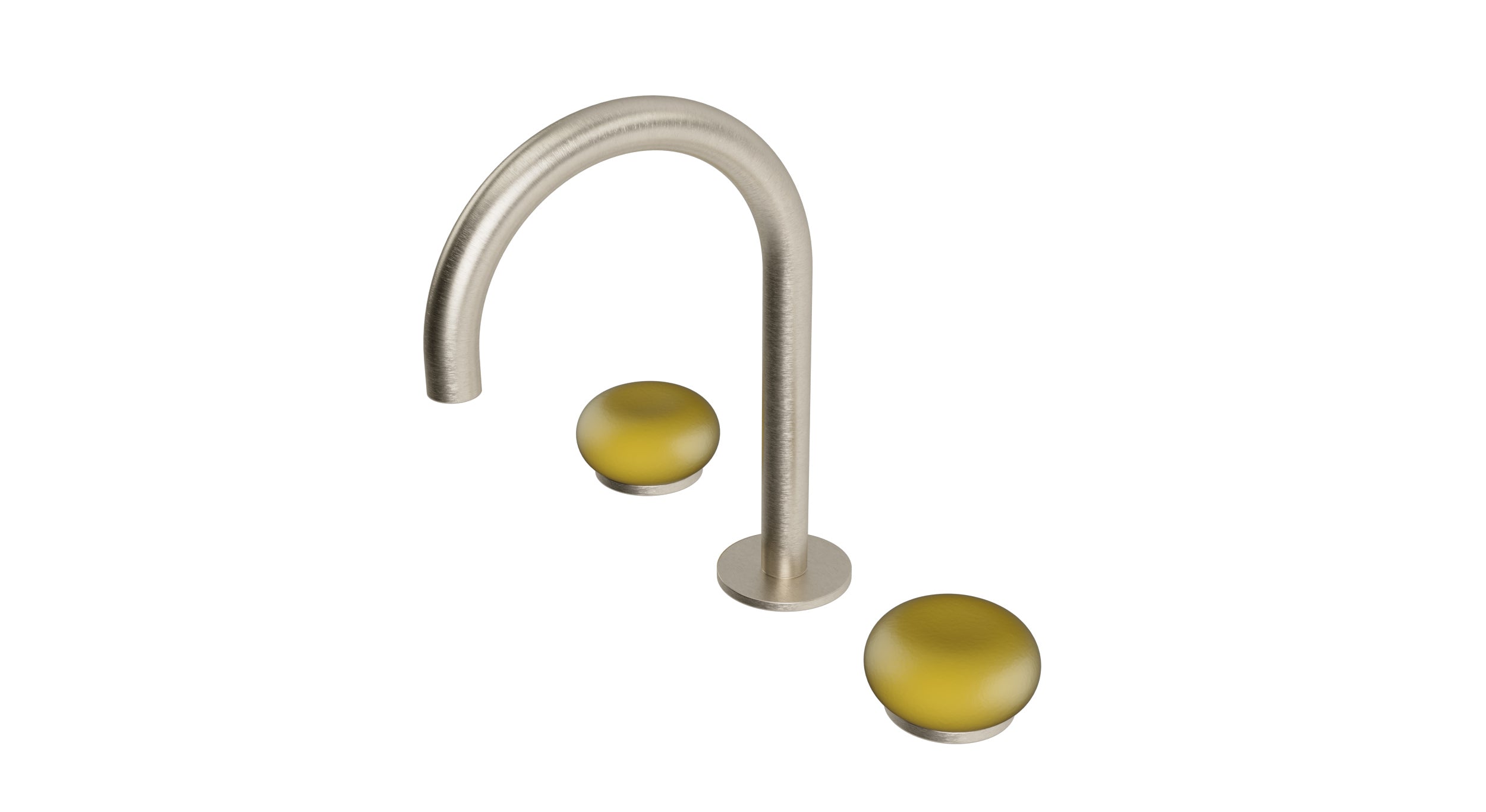 Foundry Two Handle Deck Mount Gooseneck Lavatory Faucet with Pebble Ceramic Knob Handles in Satin Nickel