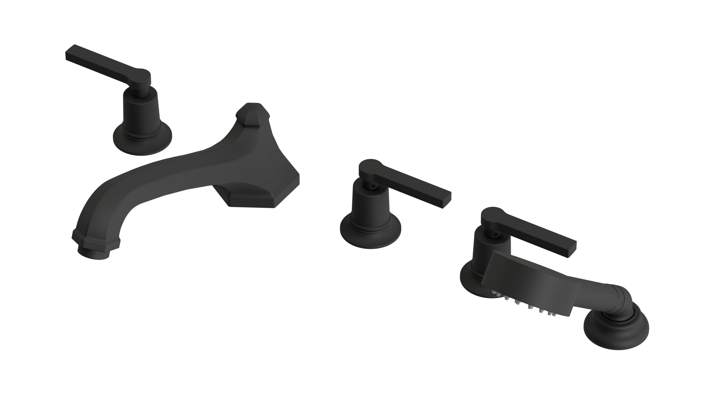Emerson Three Handle Deck Mount Low Hexagon Bath Trim with Hand Shower and Classic Lever Handles in Matte Black