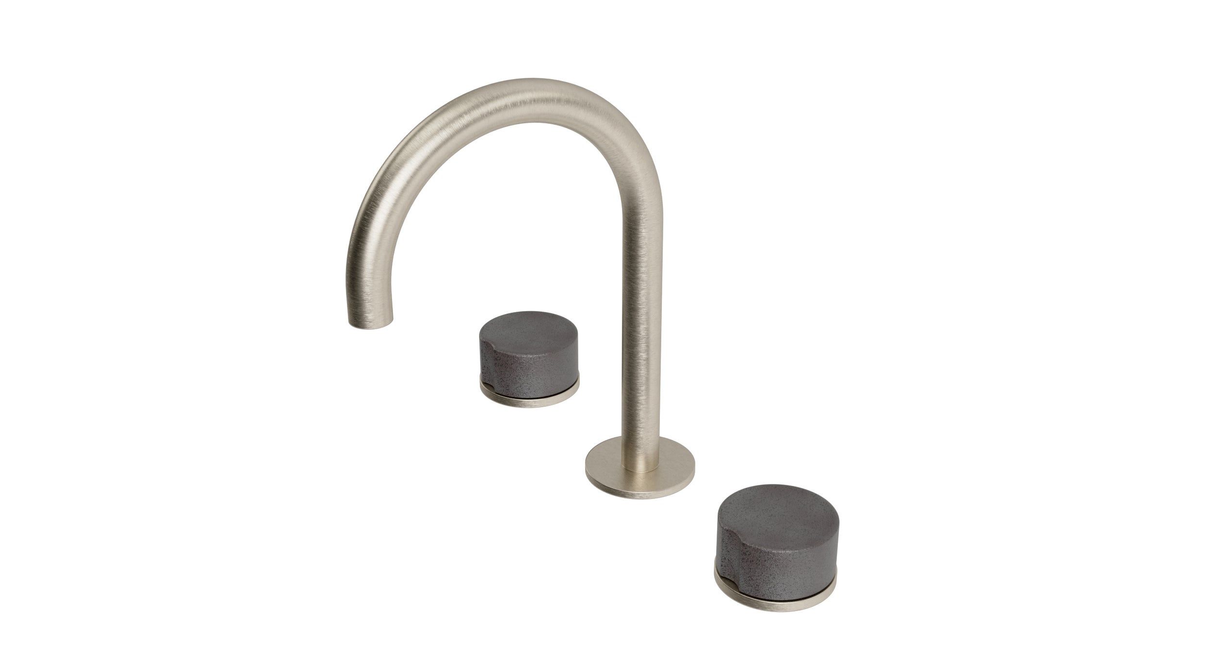 Foundry Two Handle Deck Mount Gooseneck Lavatory Faucet with Groove Ceramic Knob Handles in Satin Nickel