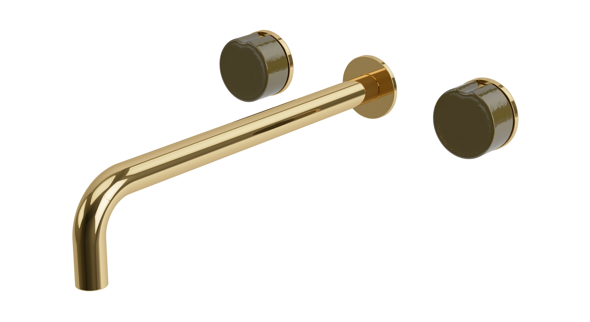 Foundry Two Handle Wall Mount 12" Lavatory Faucet with Groove Ceramic Knob Handles in Polished Brass