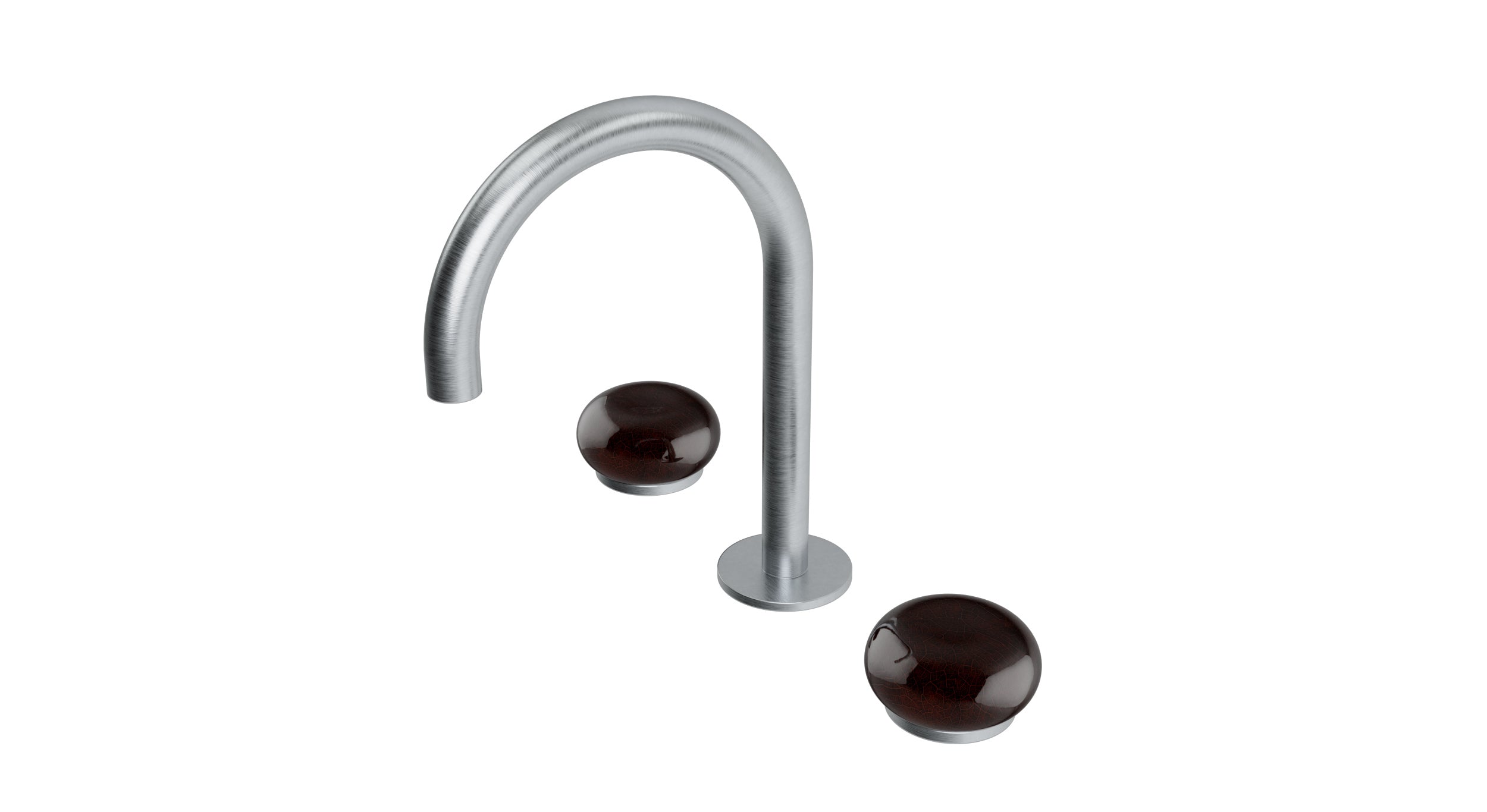 Foundry Two Handle Deck Mount Gooseneck Lavatory Faucet with Pebble Ceramic Knob Handles in Satin Chrome