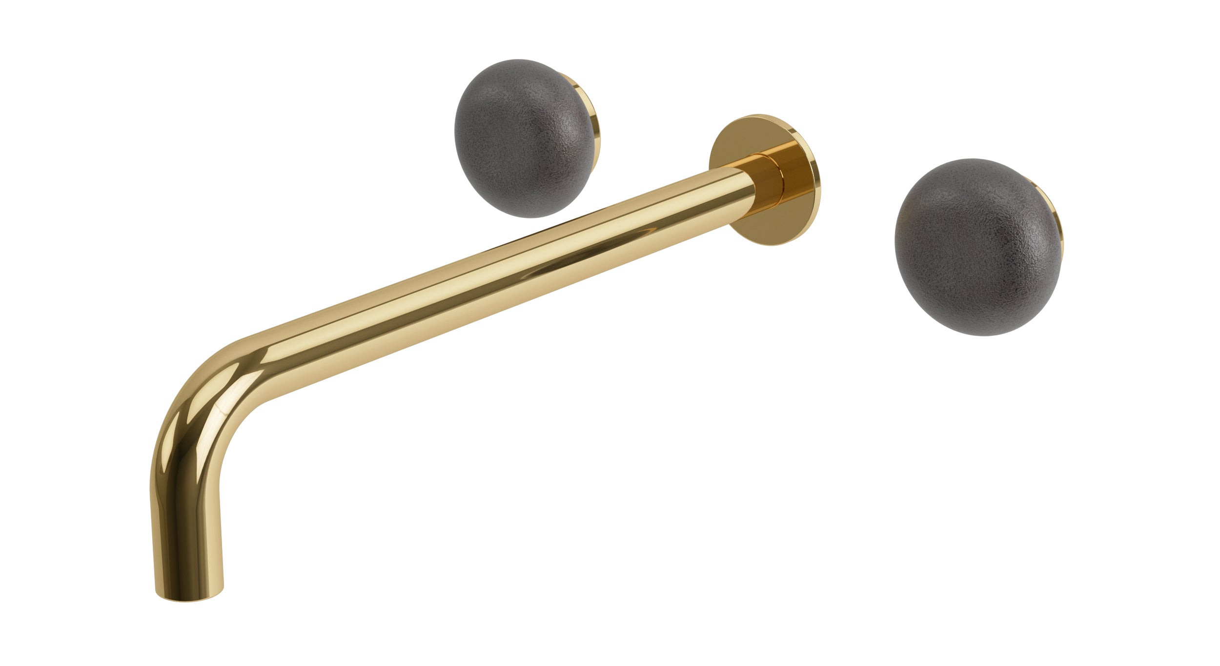 Foundry Two Handle Wall Mount 12" Lavatory Faucet with Pebble Ceramic Knob Handles in Polished Brass