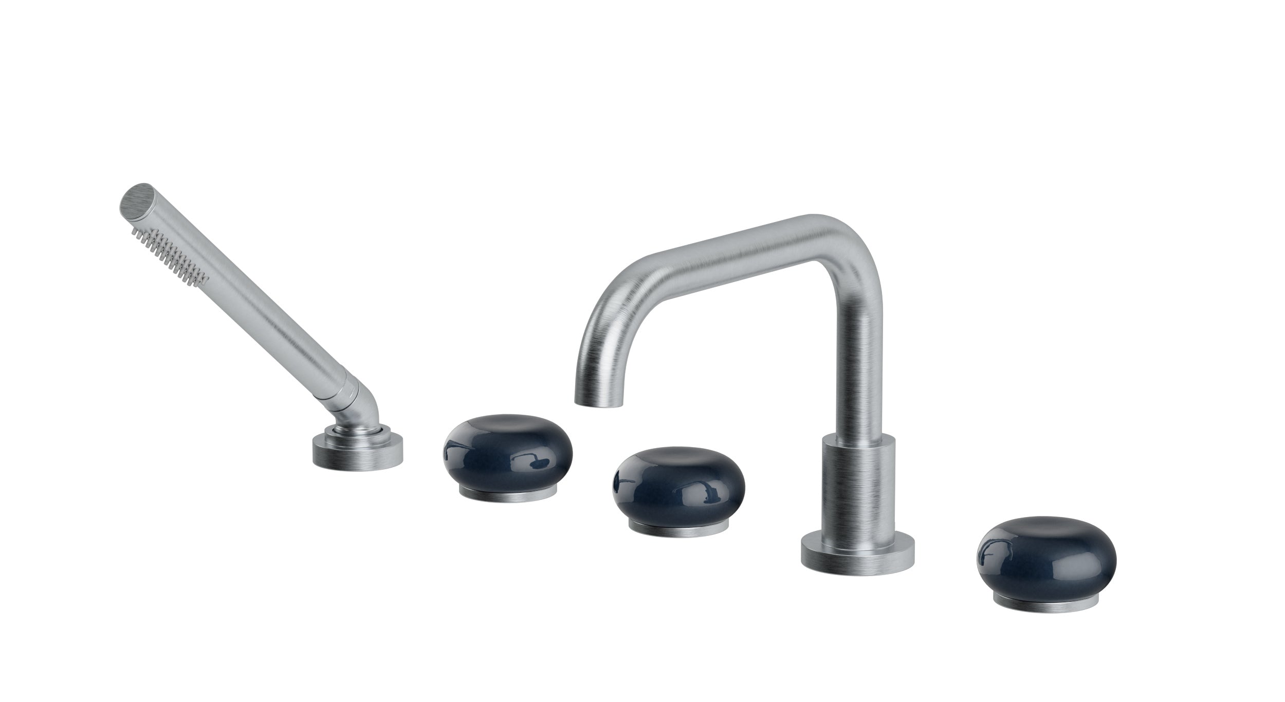 Foundry Three Handle Deck Mount Squaretop Bath Trim with Hand Shower and Pebble Ceramic Knob Handles in Satin Chrome
