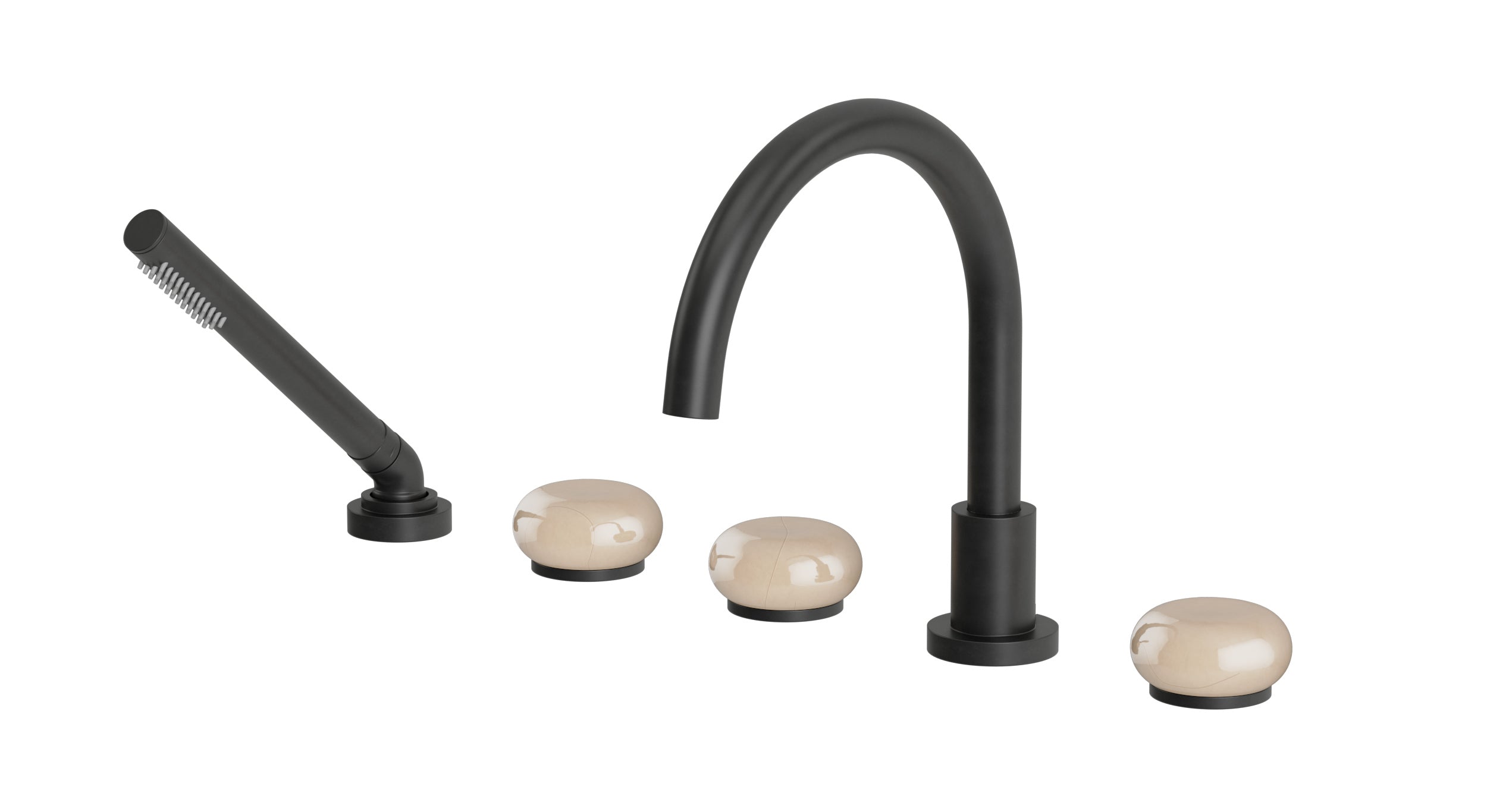 Foundry Three Handle Deck Mount Gooseneck Bath Trim with Hand Shower and Pebble Ceramic Knob Handles in Oil Rubbed Bronze