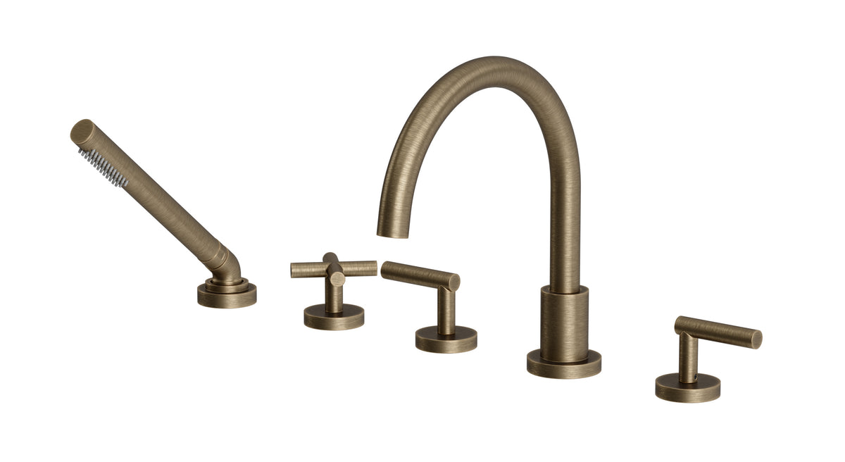 Contour Three Handle Deck Mount Gooseneck Bath Trim with Hand Shower and Soft Cross/Soft Lever Handles in Antique Brass