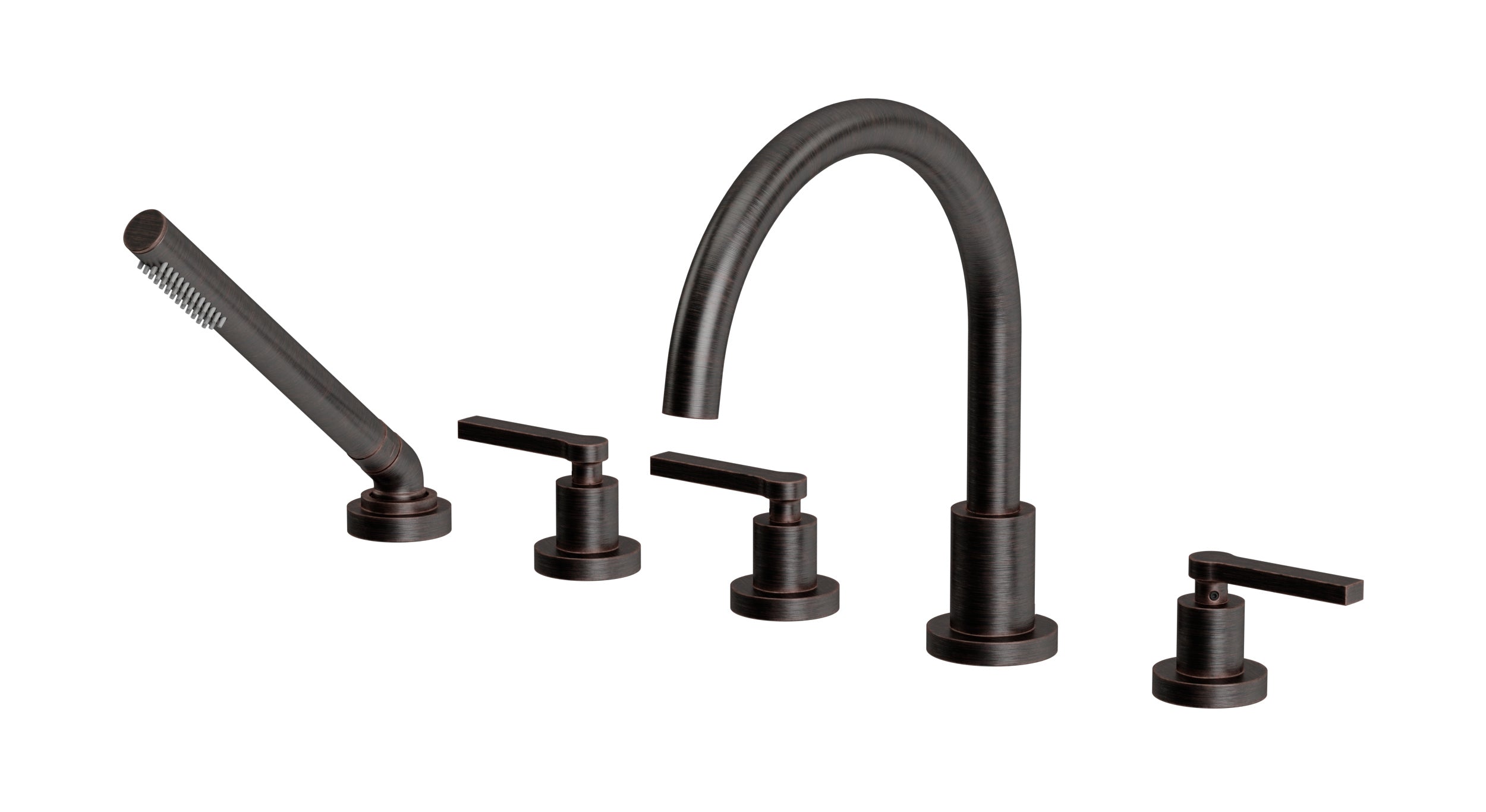 Flatiron Three Handle Deck Mount Gooseneck Bath Trim with Hand Shower and Linear Lever Handles in Antique Bronze