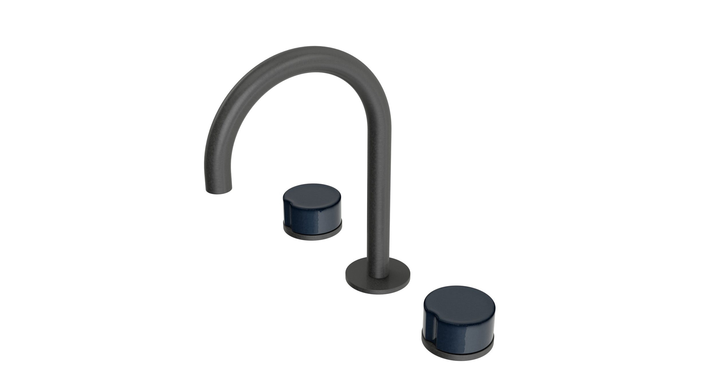 Foundry Two Handle Deck Mount Gooseneck Lavatory Faucet with Groove Ceramic Knob Handles in Blackened Nickel