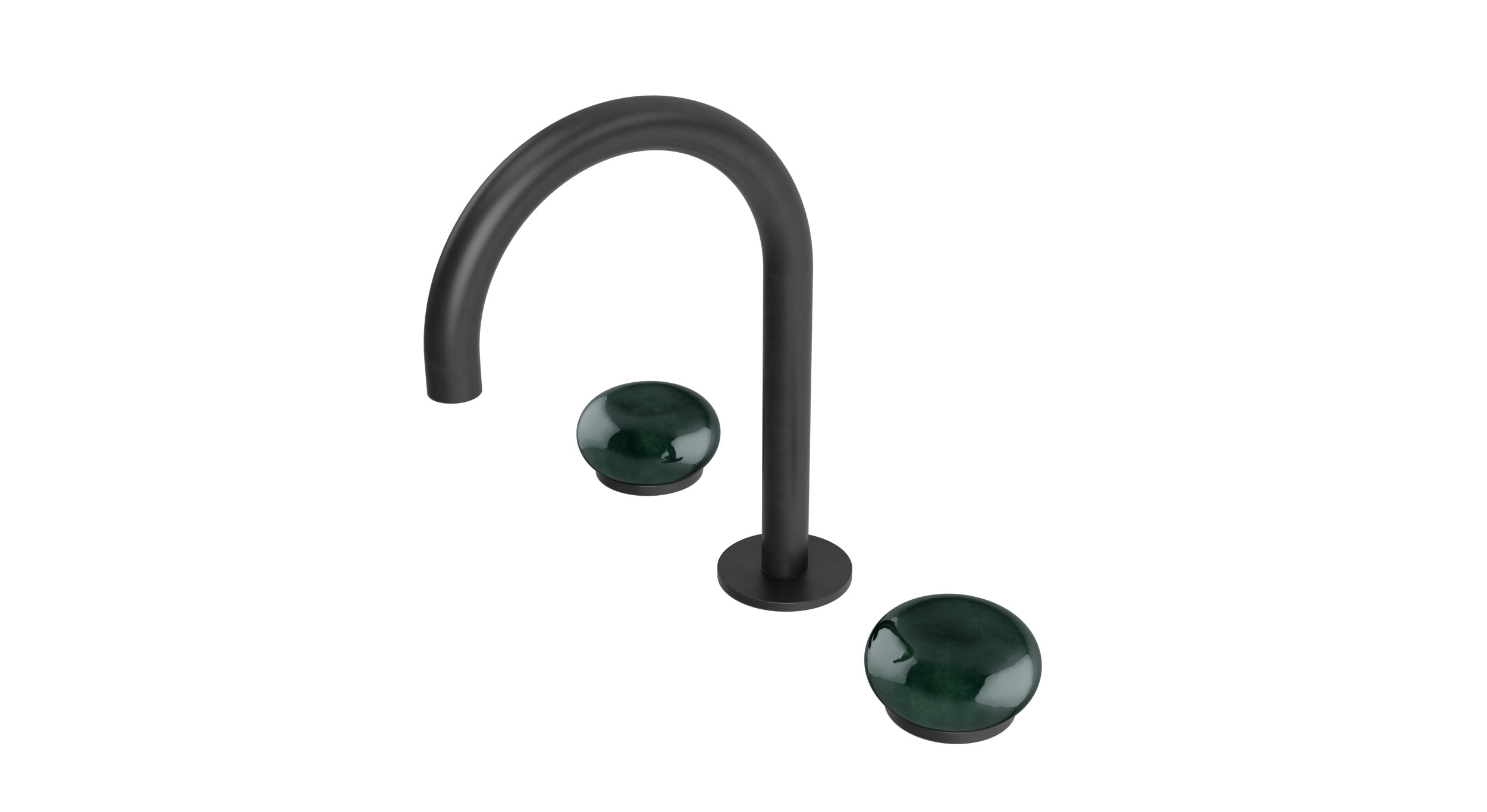 Foundry Two Handle Deck Mount Gooseneck Lavatory Faucet with Pebble Ceramic Knob Handles in Oil Rubbed Bronze