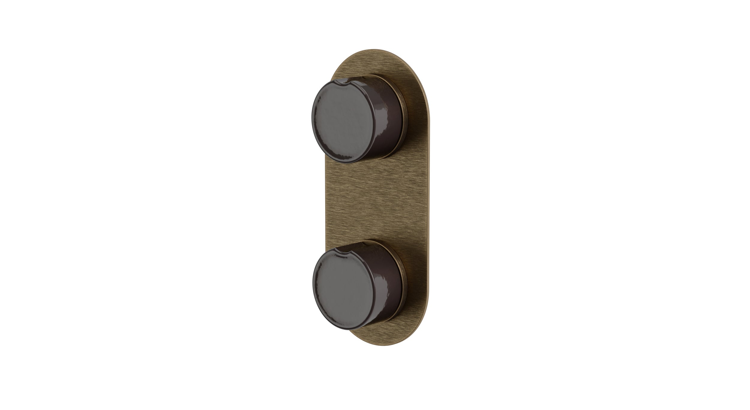 Foundry Two Handle Wall Mount Shower Trim with Groove Ceramic Knob Handles in Antique Brass