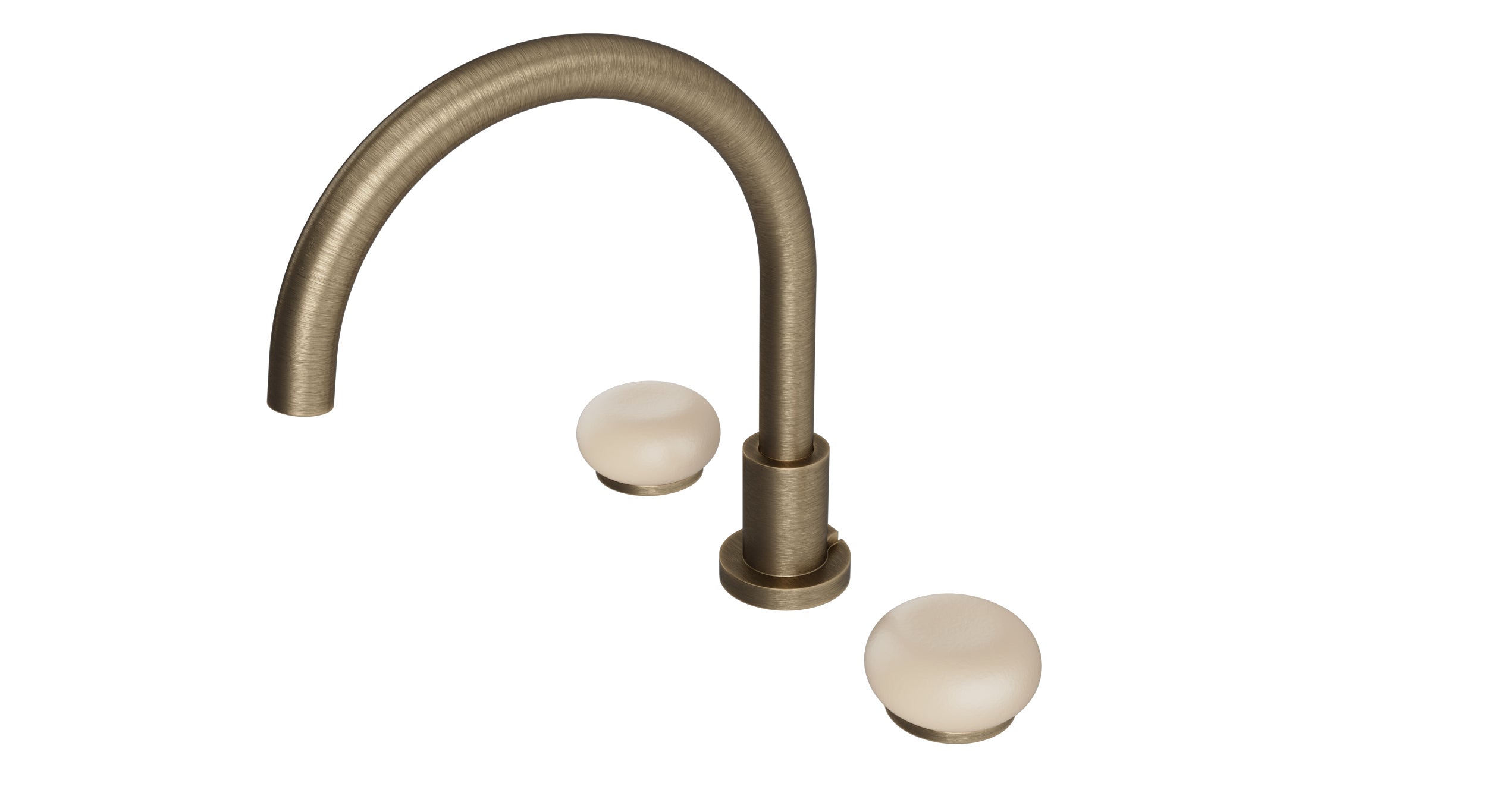 Foundry Two Handle Deck Mount Gooseneck Bath Trim with Pebble Ceramic Knob Handles in Antique Brass