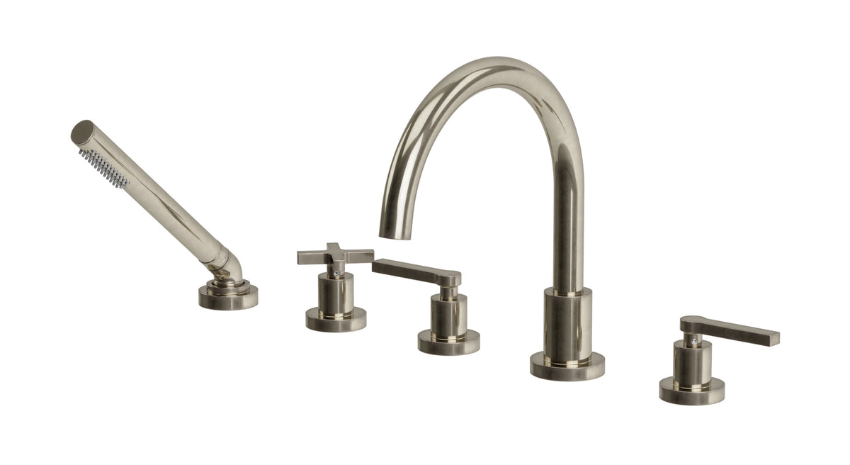 Flatiron Three Handle Deck Mount Gooseneck Bath Trim with Hand Shower and Linear Cross/Linear Lever Handles in French Nickel