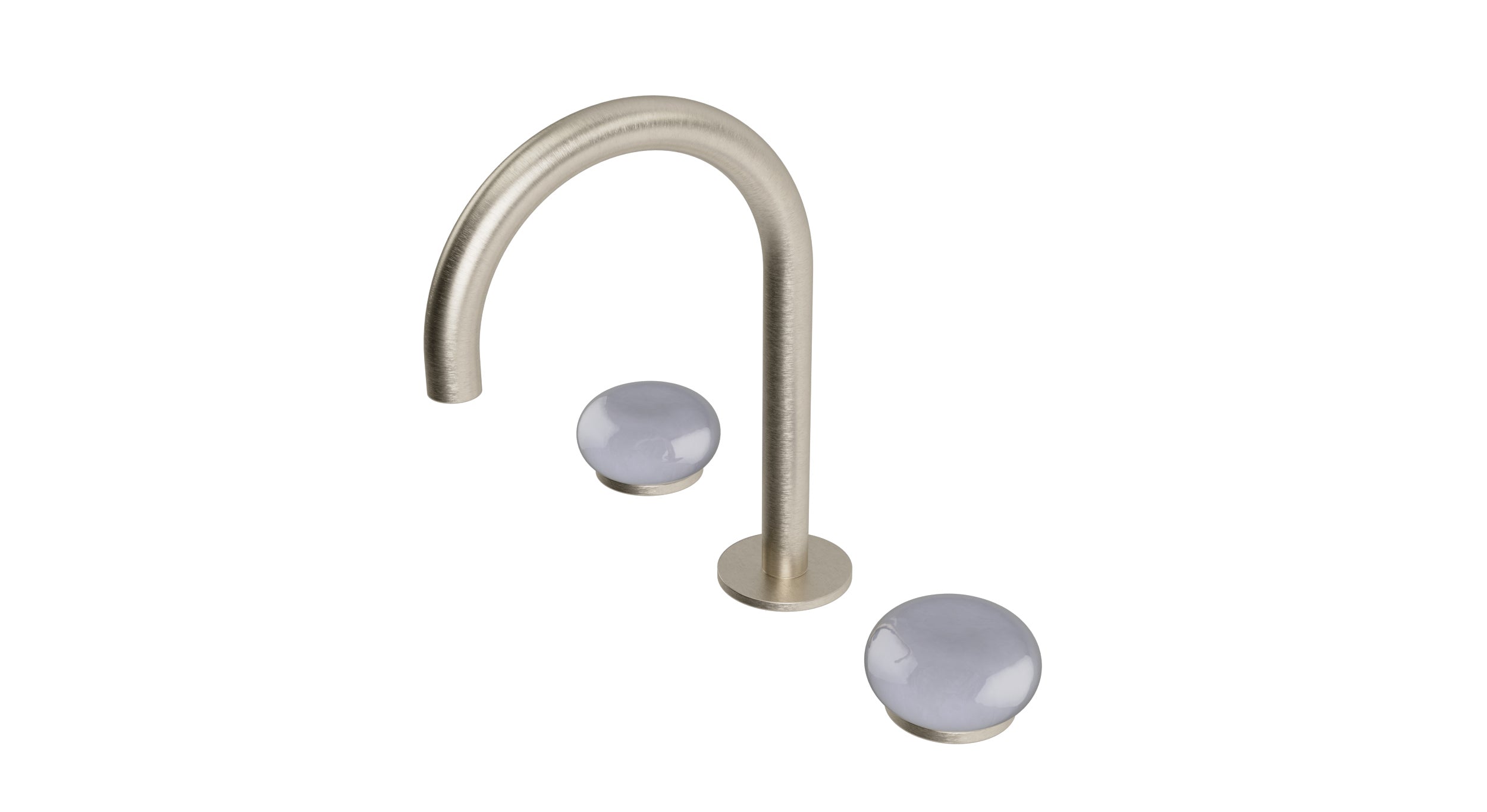 Foundry Two Handle Deck Mount Gooseneck Lavatory Faucet with Pebble Ceramic Knob Handles in Satin Nickel
