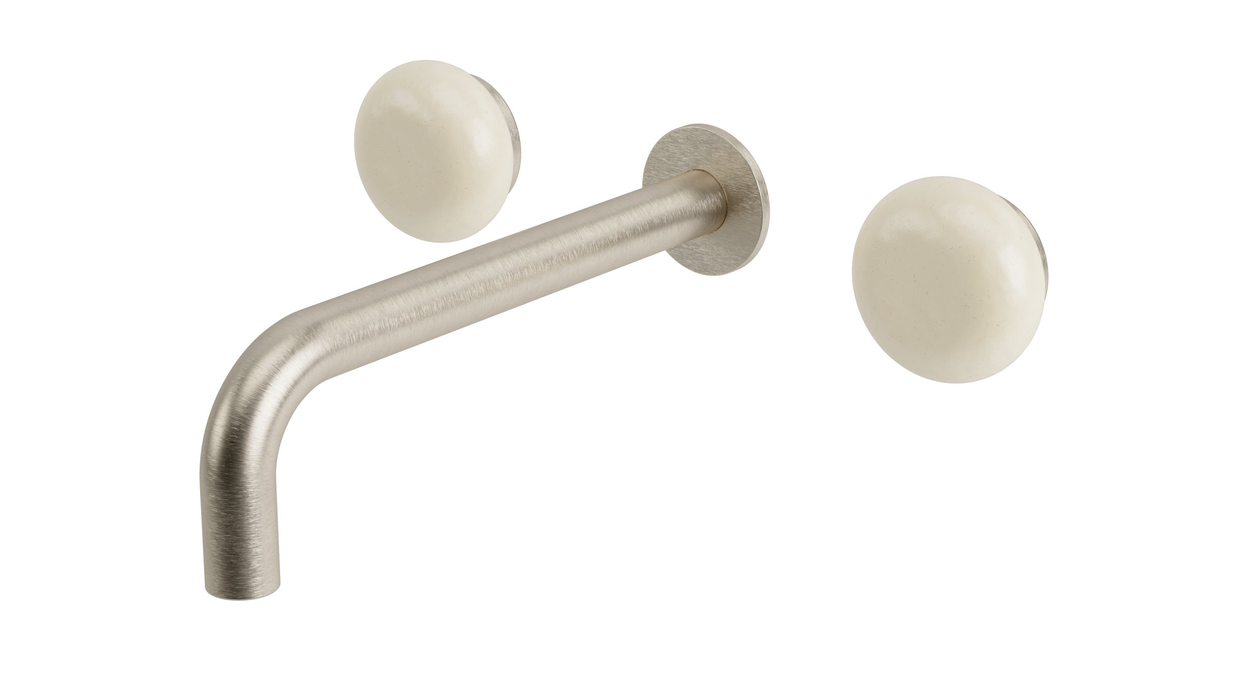 Foundry Two Handle Wall Mount 7.5" Lavatory Faucet with Pebble Ceramic Knob Handles in Satin Nickel