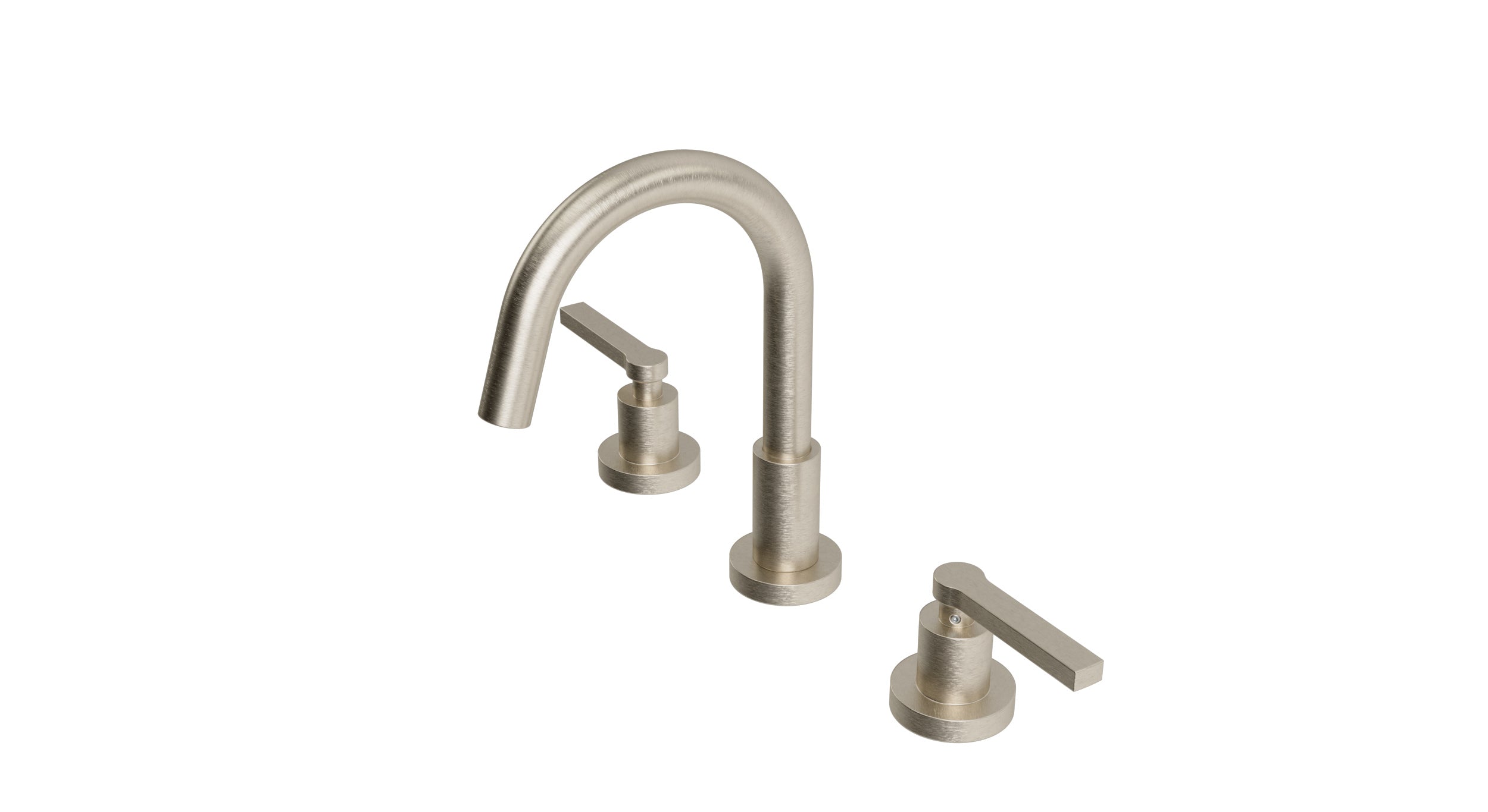 Flatiron Two Handle Deck Mount Short Gooseneck Lavatory Faucet with Linear Lever Handles in Satin Nickel