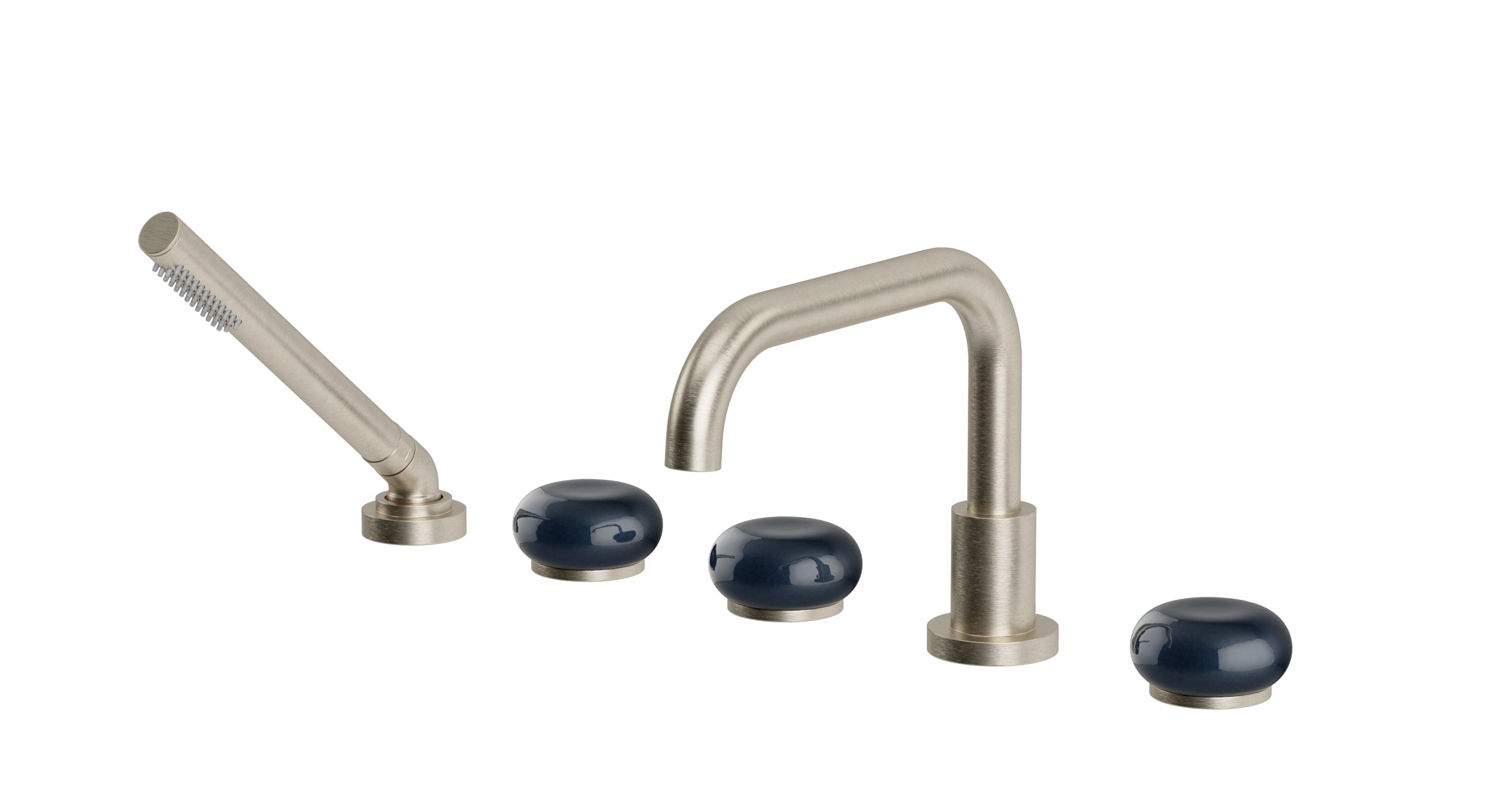 Foundry Three Handle Deck Mount Squaretop Bath Trim with Hand Shower and Pebble Ceramic Knob Handles in Satin Nickel