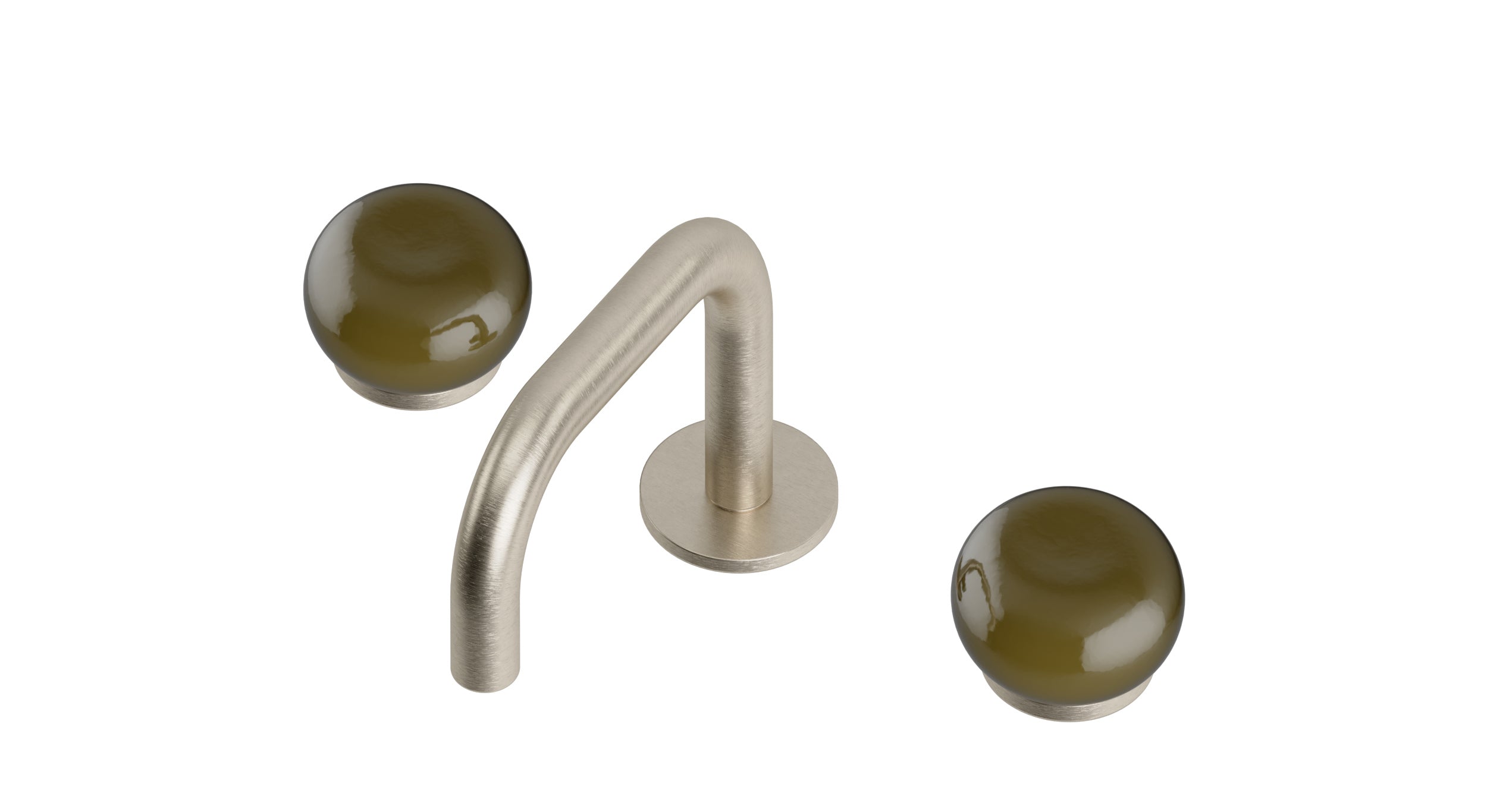Foundry Two Handle Deck Mount Squaretop Lavatory Faucet with Pebble Ceramic Knob Handles in Satin Nickel