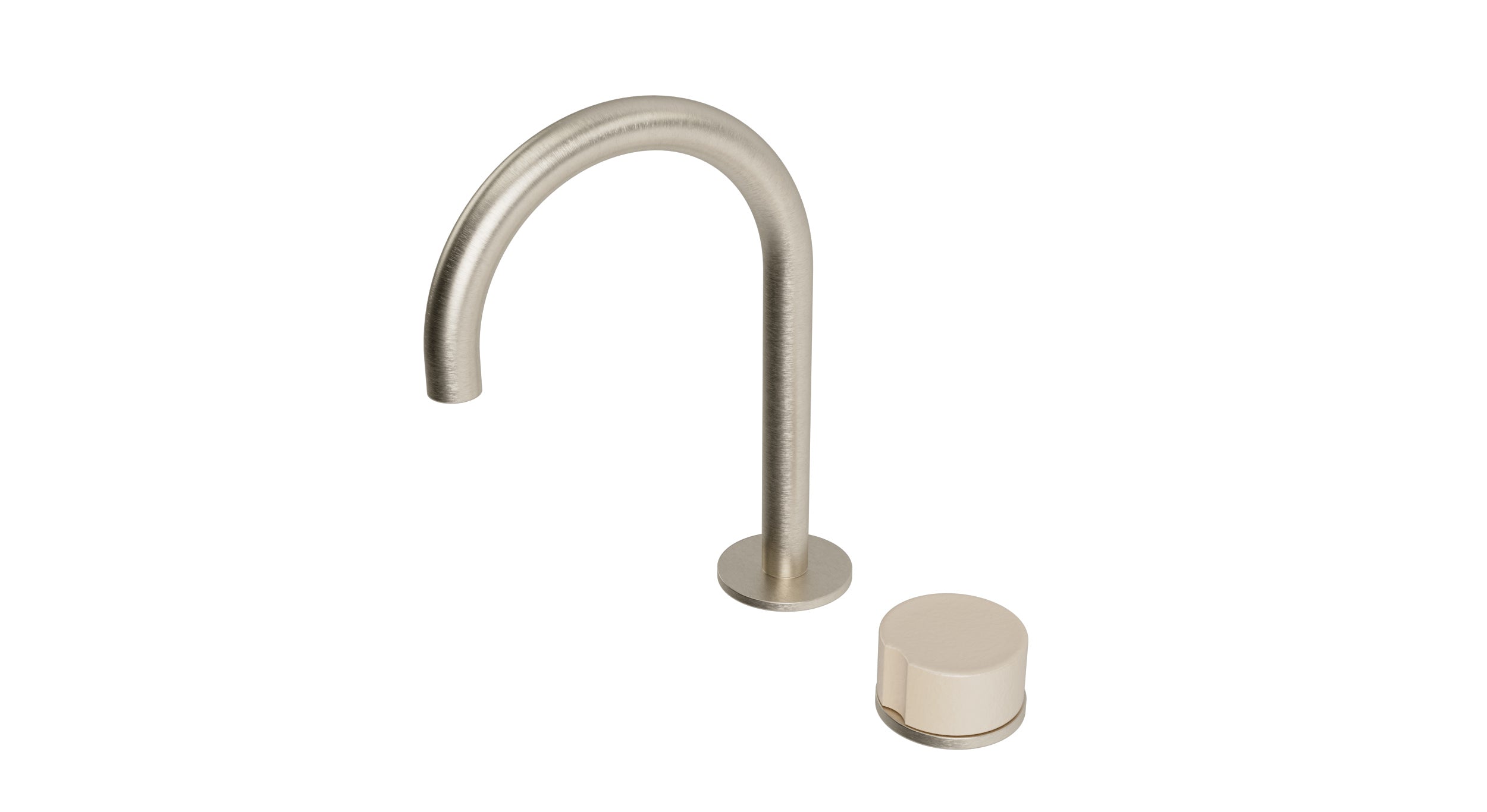 Foundry One Handle Deck Mount Gooseneck Lavatory Faucet with Groove Ceramic Knob Handle in Satin Nickel