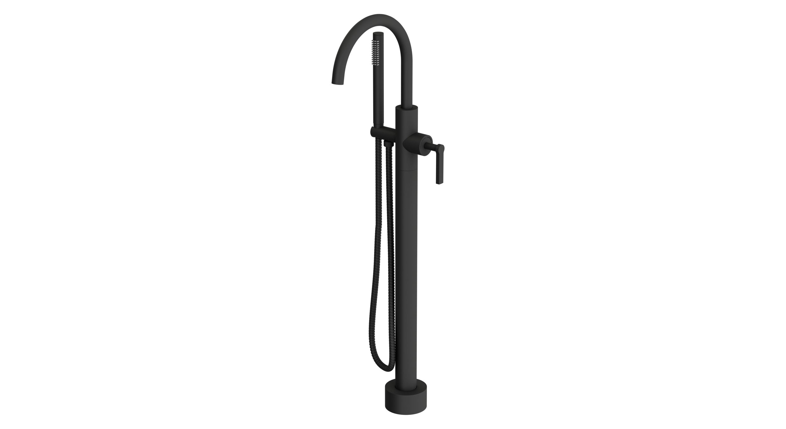 Flatiron One Handle Floor Mount Gooseneck Bath Trim with Hand Shower and Linear Lever Handle in Matte Black