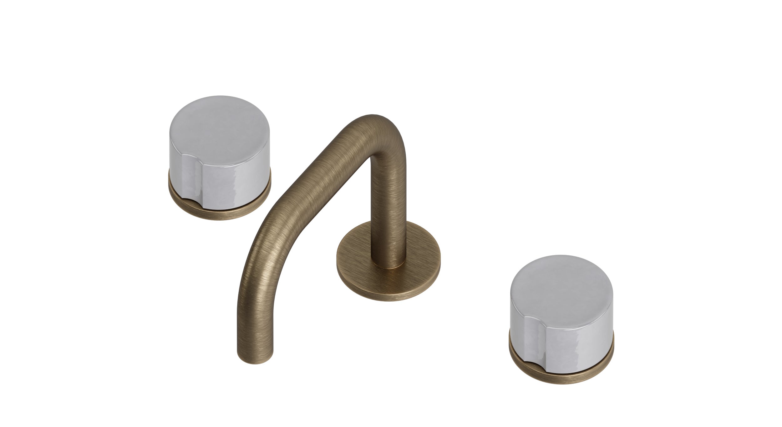 Foundry Two Handle Deck Mount Squaretop Lavatory Faucet with Groove Ceramic Knob Handles in Antique Brass