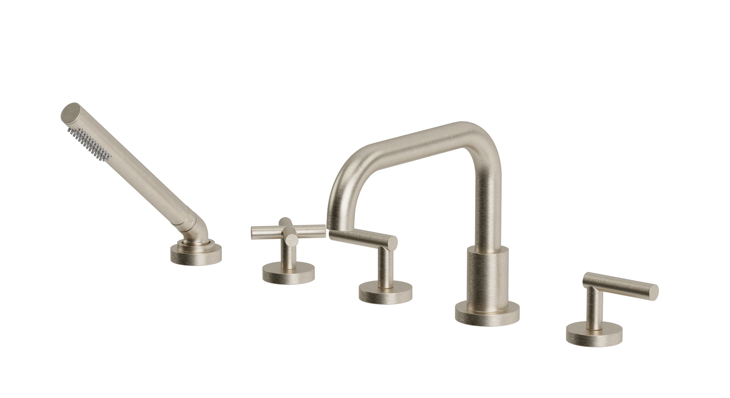Contour Three Handle Deck Mount Squaretop Bath Trim with Hand Shower and Soft Cross/Soft Lever Handles in Satin Nickel