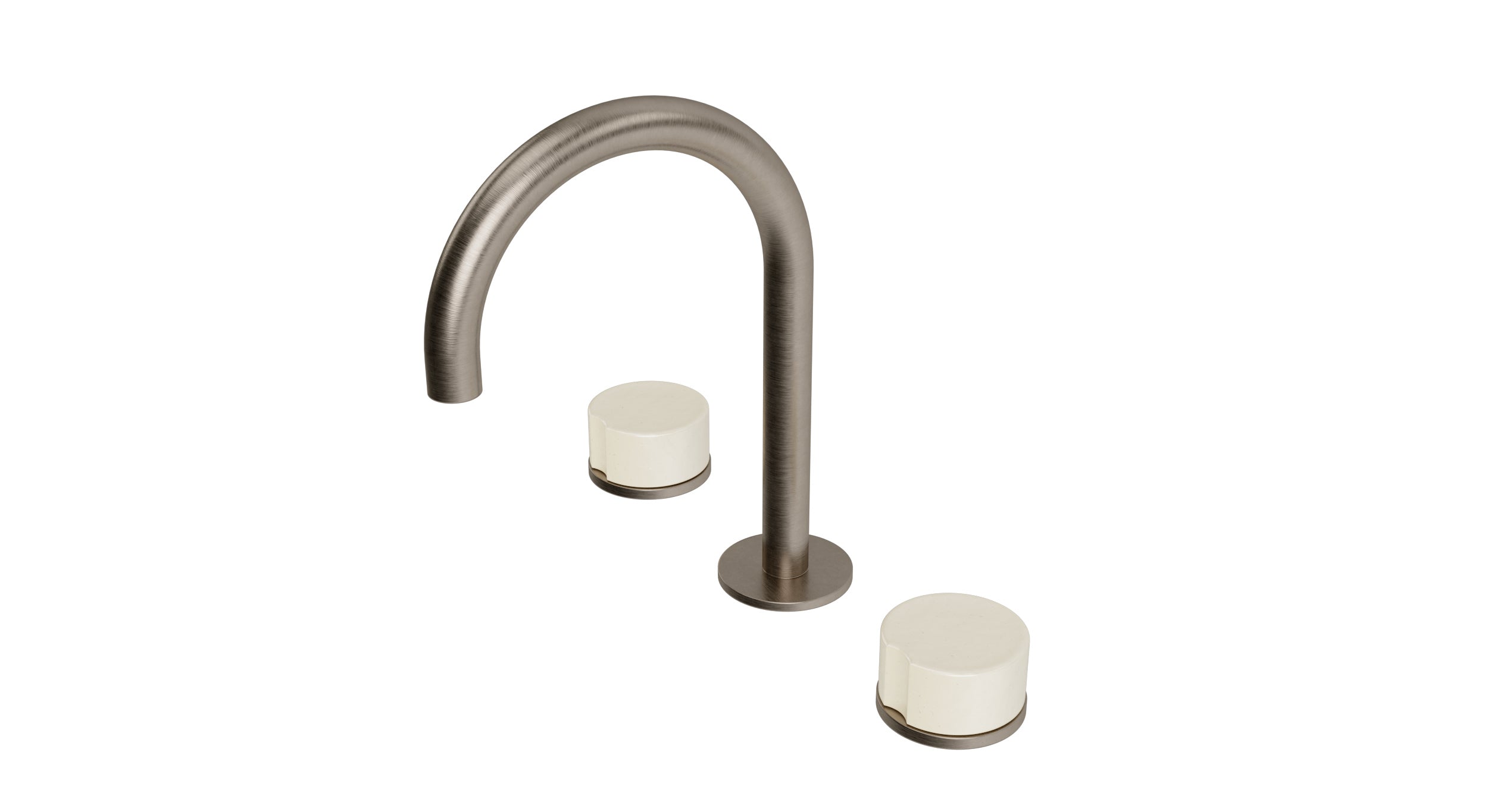 Foundry Two Handle Deck Mount Gooseneck Lavatory Faucet with Groove Ceramic Knob Handles in Antique Nickel