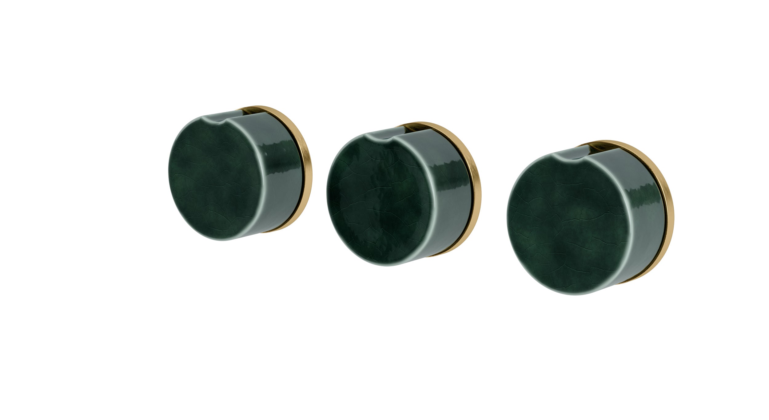 Foundry Three Handle Wall Mount Bath Trim with Diverter/Volume Control and Groove Ceramic Knob Handles in Satin Brass