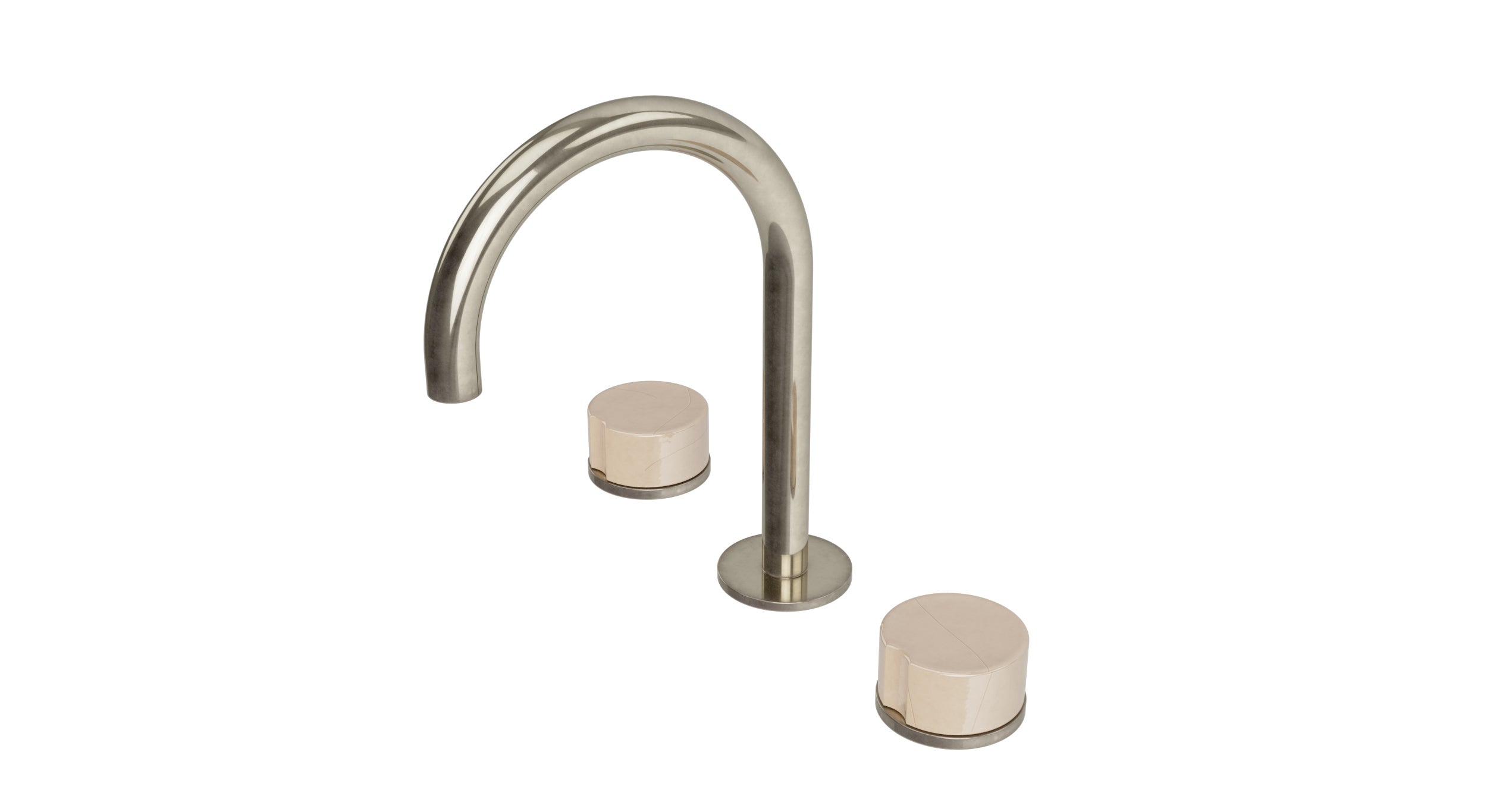 Foundry Two Handle Deck Mount Gooseneck Lavatory Faucet with Groove Ceramic Knob Handles in French Nickel