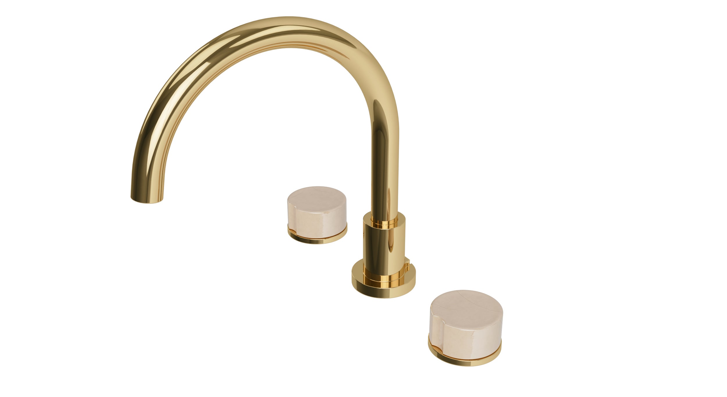 Foundry Two Handle Deck Mount Gooseneck Bath Trim with Groove Ceramic Knob Handles in Polished Brass