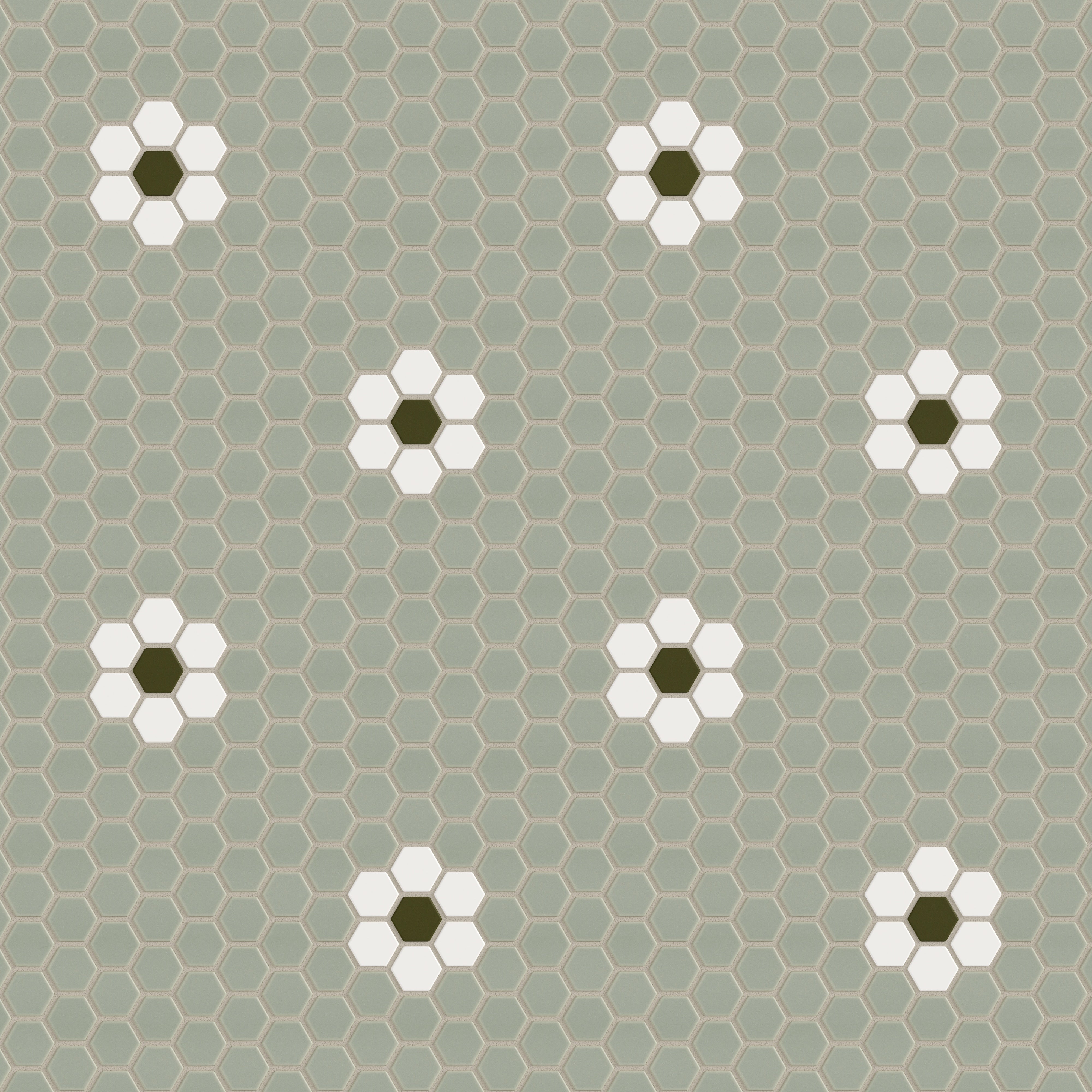 1" Hexagon Double Daisy Sheeted Original Ceramic Tile in Rosemary Matte, Calcite Matte & Bonsai Matte