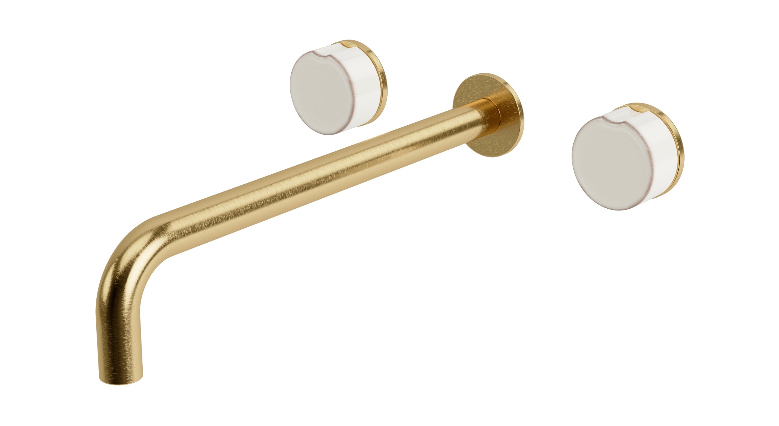 Foundry Two Handle Wall Mount 12" Lavatory Faucet with Groove Ceramic Knob Handles in Satin Brass