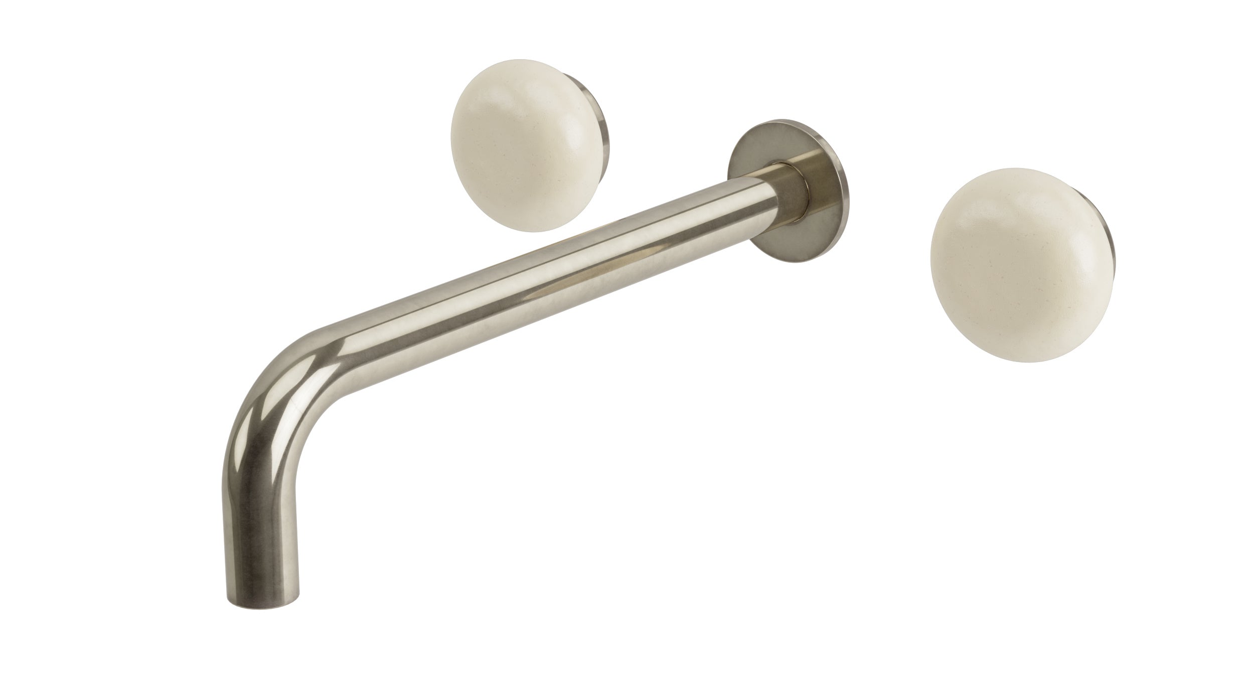 Foundry Two Handle Wall Mount 10" Lavatory Faucet with Pebble Ceramic Knob Handles in French Nickel