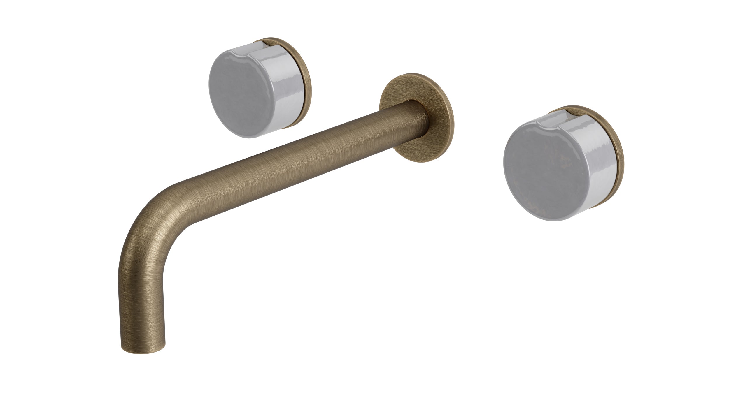 Foundry Two Handle Wall Mount 7.5" Lavatory Faucet with Groove Ceramic Knob Handles in Antique Brass