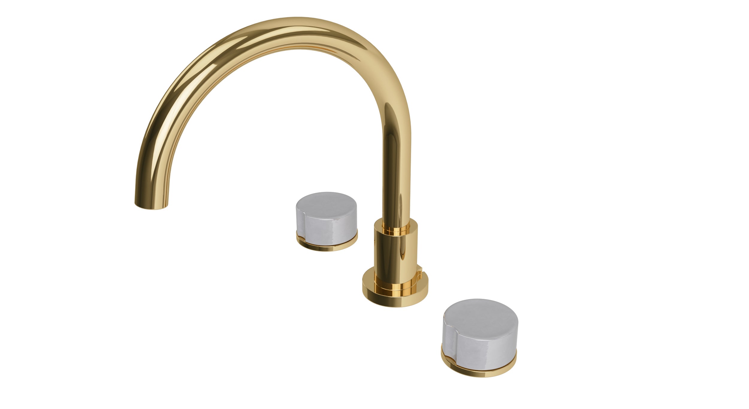 Foundry Two Handle Deck Mount Gooseneck Bath Trim with Groove Ceramic Knob Handles in Polished Brass