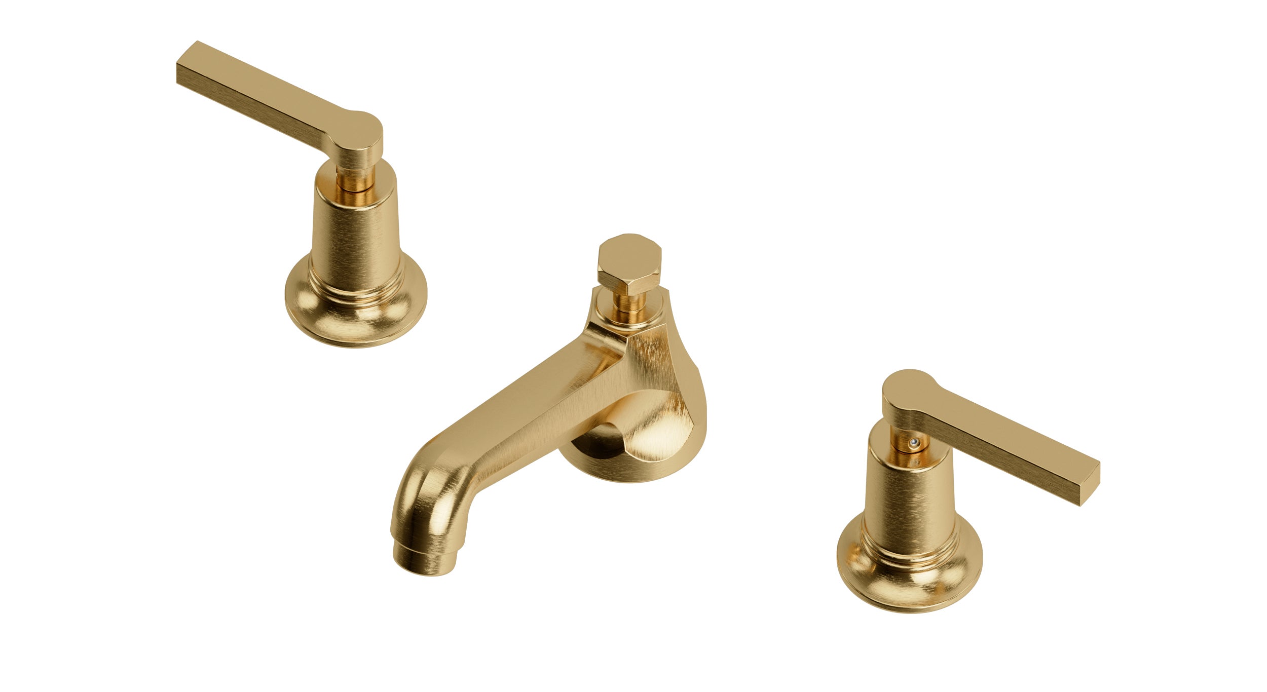 Emerson Two Handle Deck Mount Low Hexagon Lavatory Faucet with Classic Lever Handles in Satin Brass