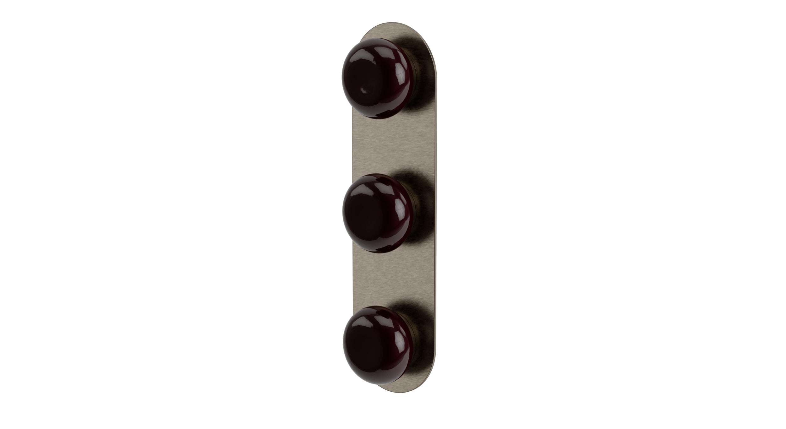 Foundry Three Handle Wall Mount Shower Trim with Pebble Ceramic Knob Handles in Antique Nickel