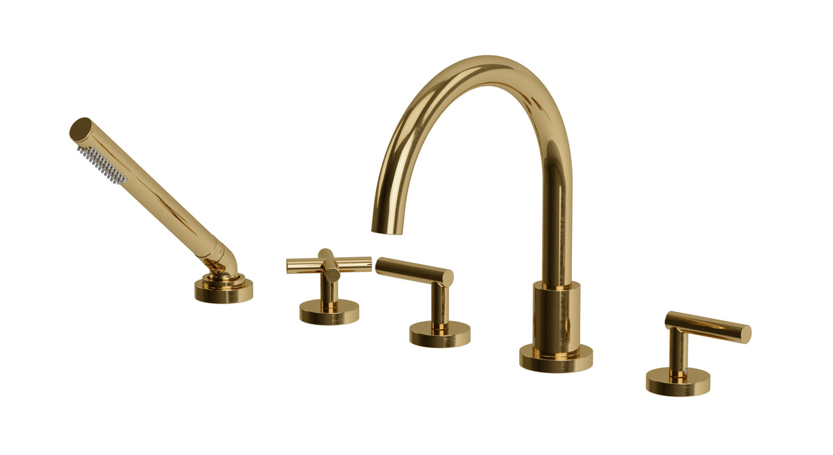 Contour Three Handle Deck Mount Gooseneck Bath Trim with Hand Shower and Soft Cross/Soft Lever Handles in Uncoated Polished Brass