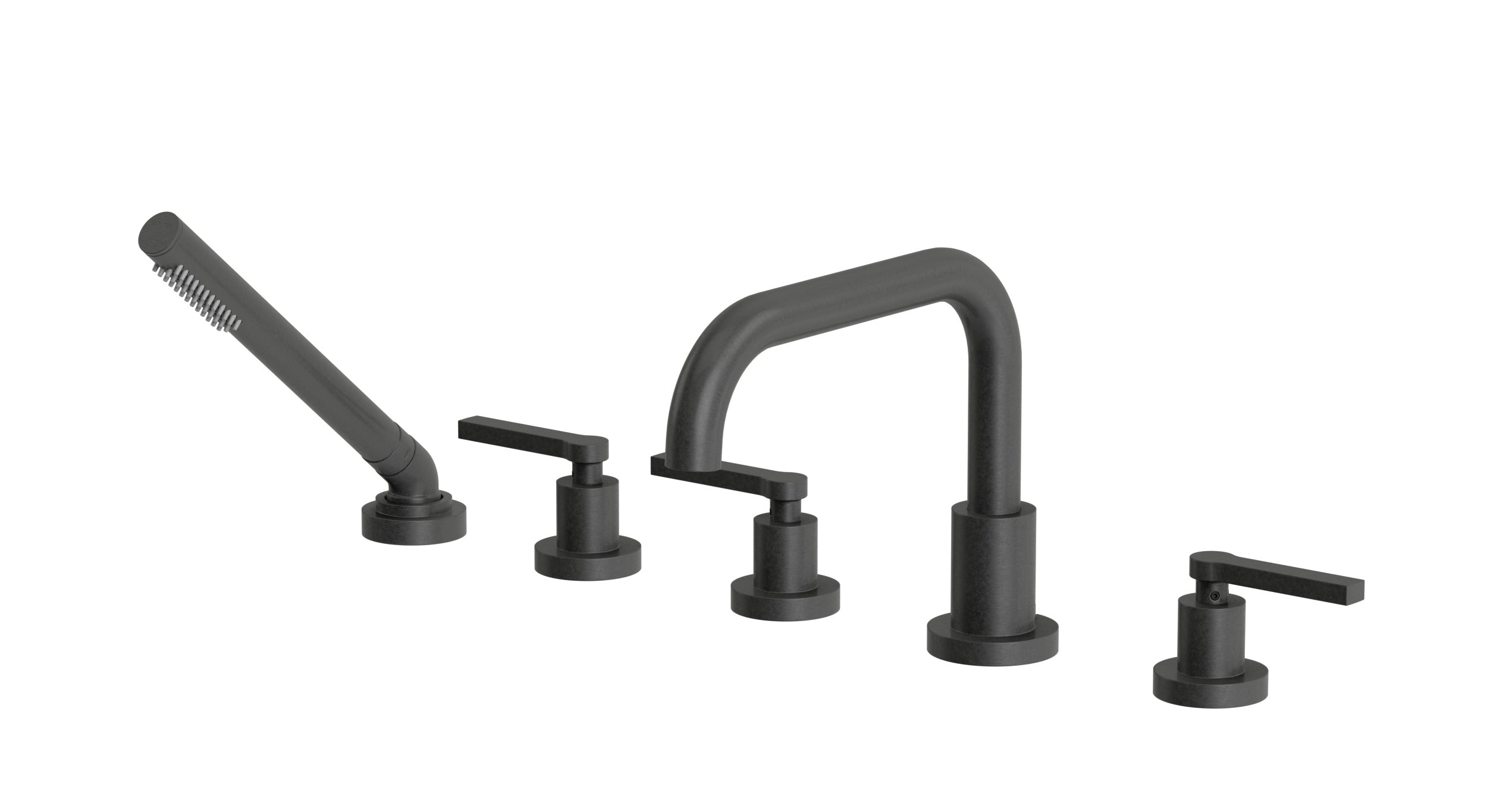 Flatiron Three Handle Deck Mount Squaretop Bath Trim with Hand Shower and Linear Lever Handles in Blackened Nickel