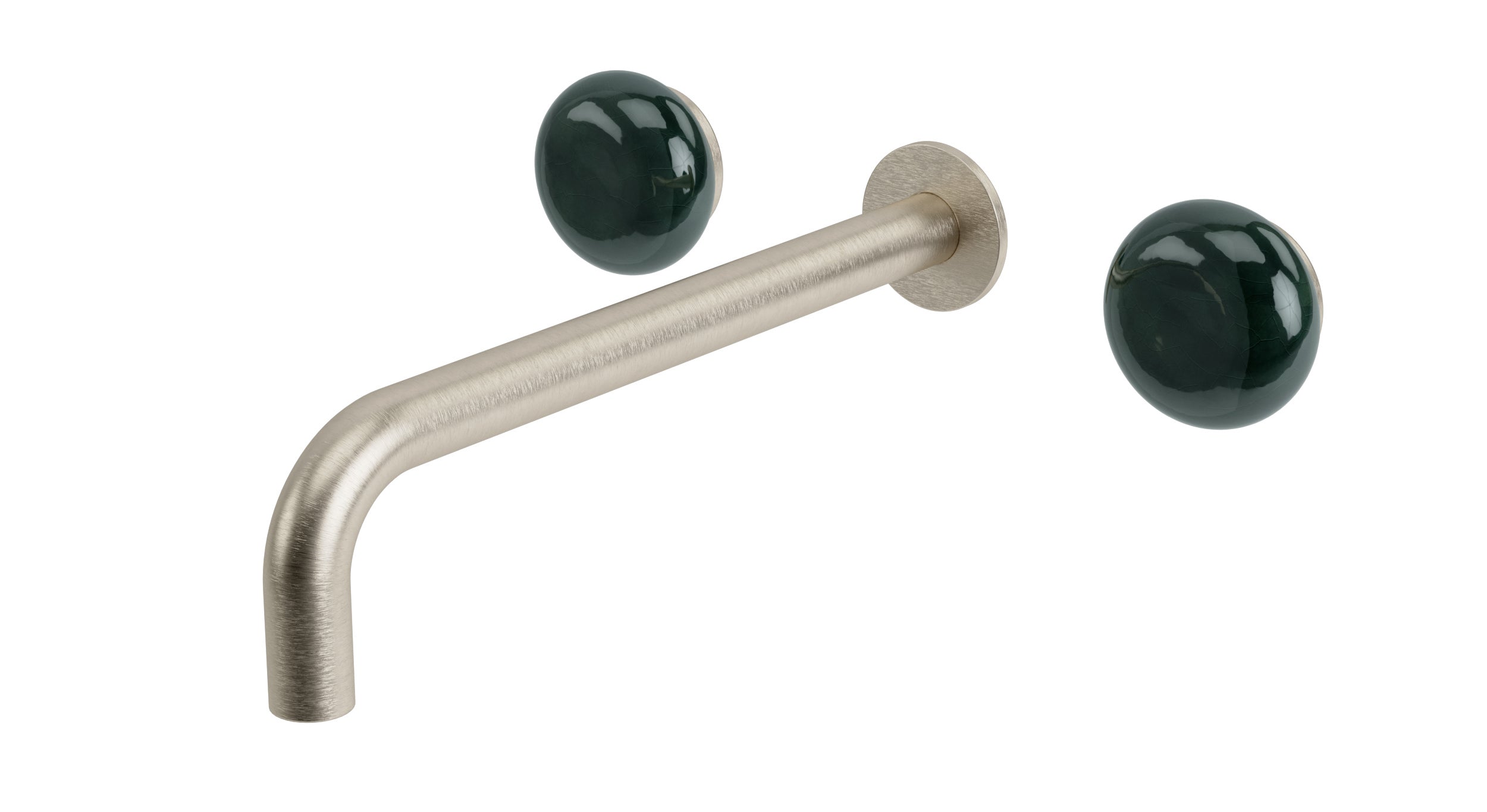 Foundry Two Handle Wall Mount 10" Lavatory Faucet with Pebble Ceramic Knob Handles in Satin Nickel