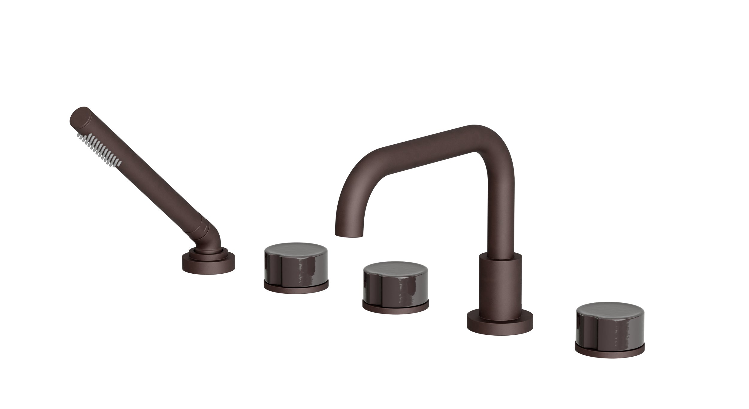 Foundry Three Handle Deck Mount Squaretop Bath Trim with Hand Shower and Groove Ceramic Knob Handles in Architectural Copper