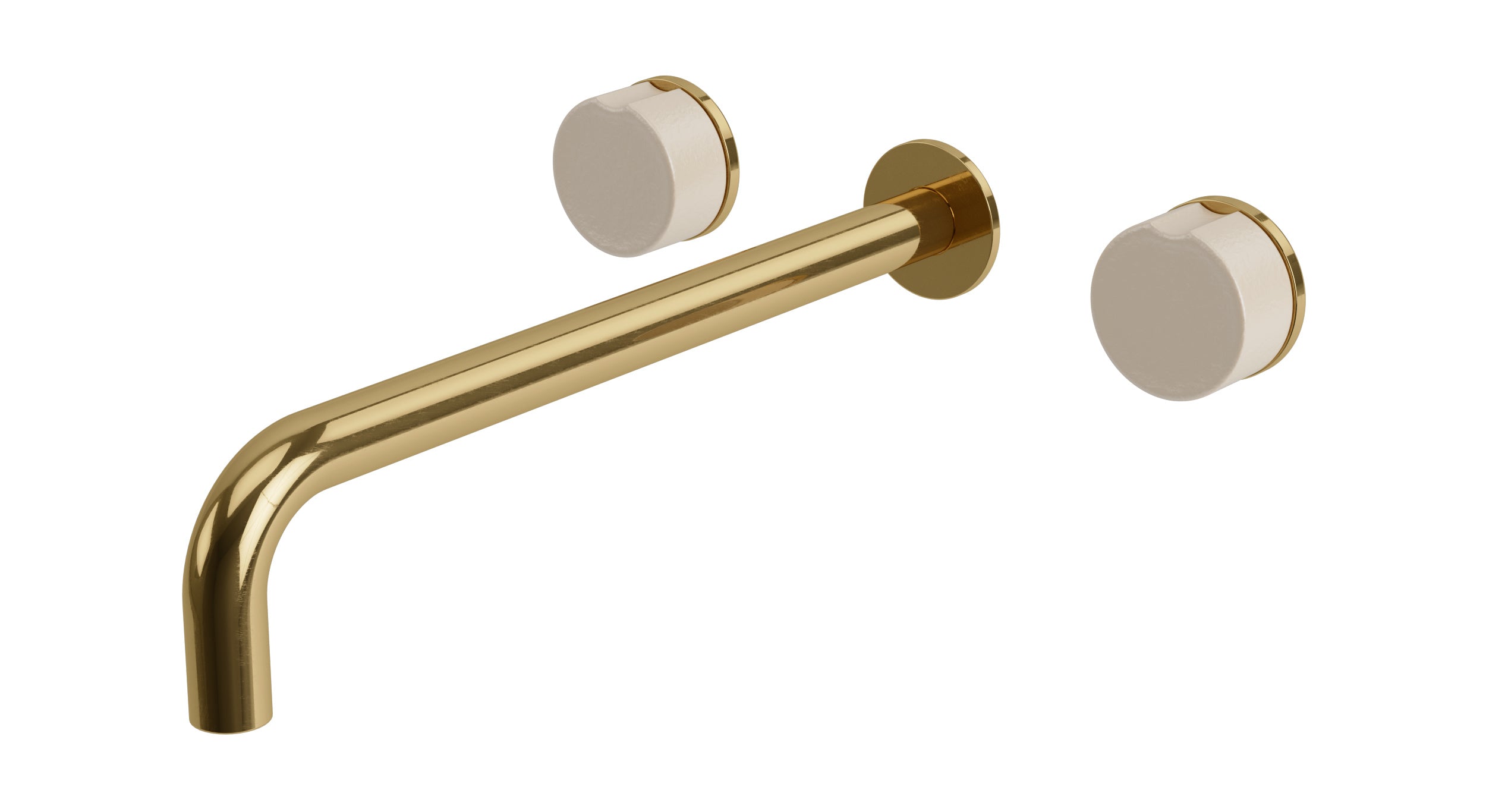 Foundry Two Handle Wall Mount 12" Lavatory Faucet with Groove Ceramic Knob Handles in Uncoated Polished Brass