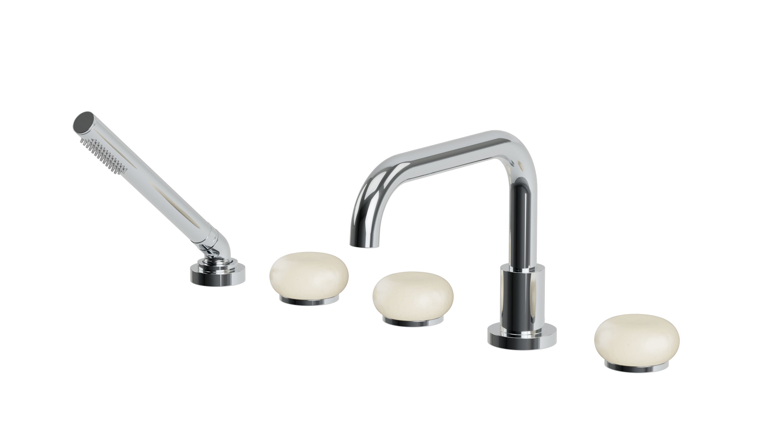 Foundry Three Handle Deck Mount Squaretop Bath Trim with Hand Shower and Pebble Ceramic Knob Handles in Polished Chrome