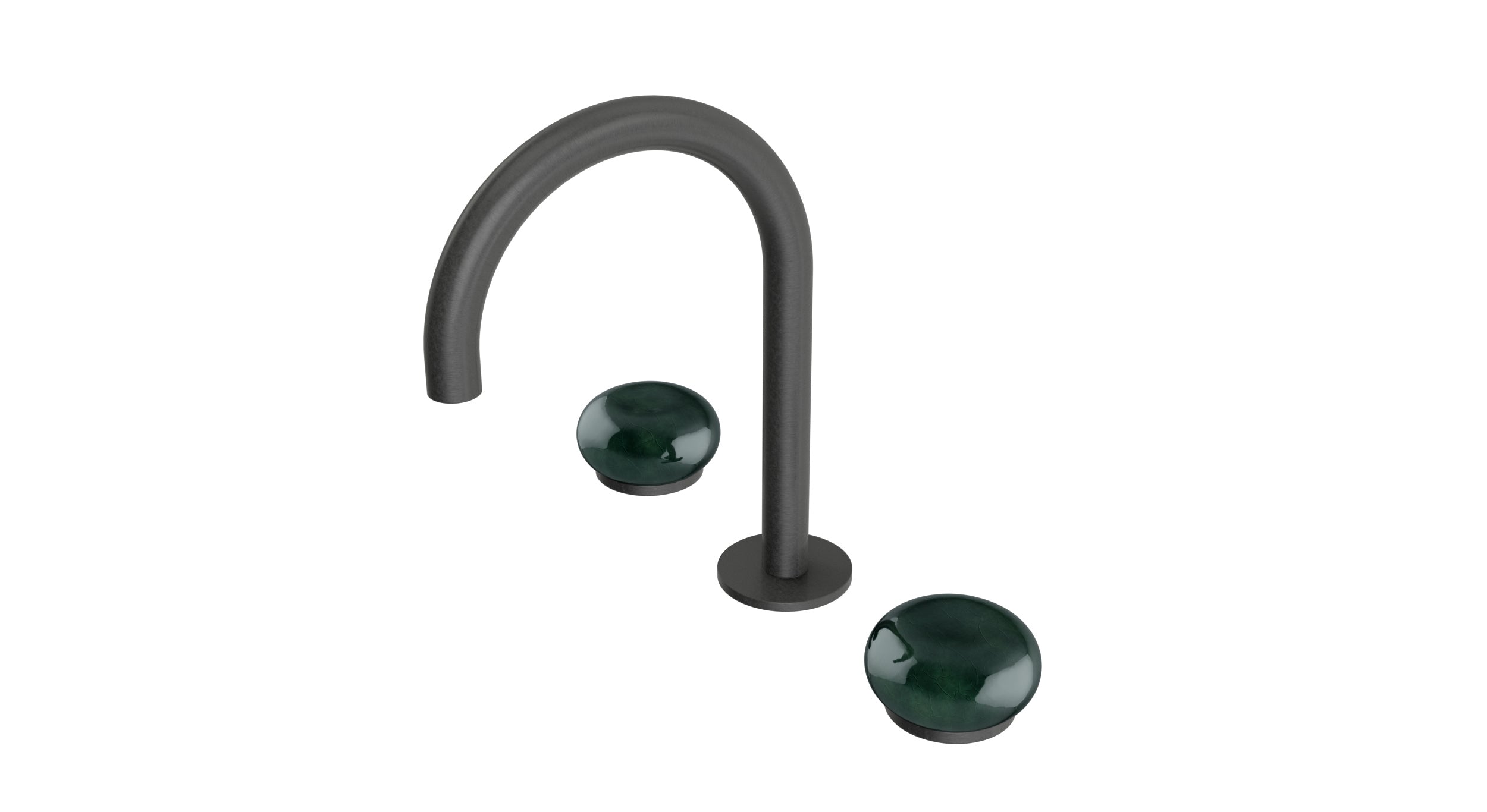 Foundry Two Handle Deck Mount Gooseneck Lavatory Faucet with Pebble Ceramic Knob Handles in Blackened Nickel