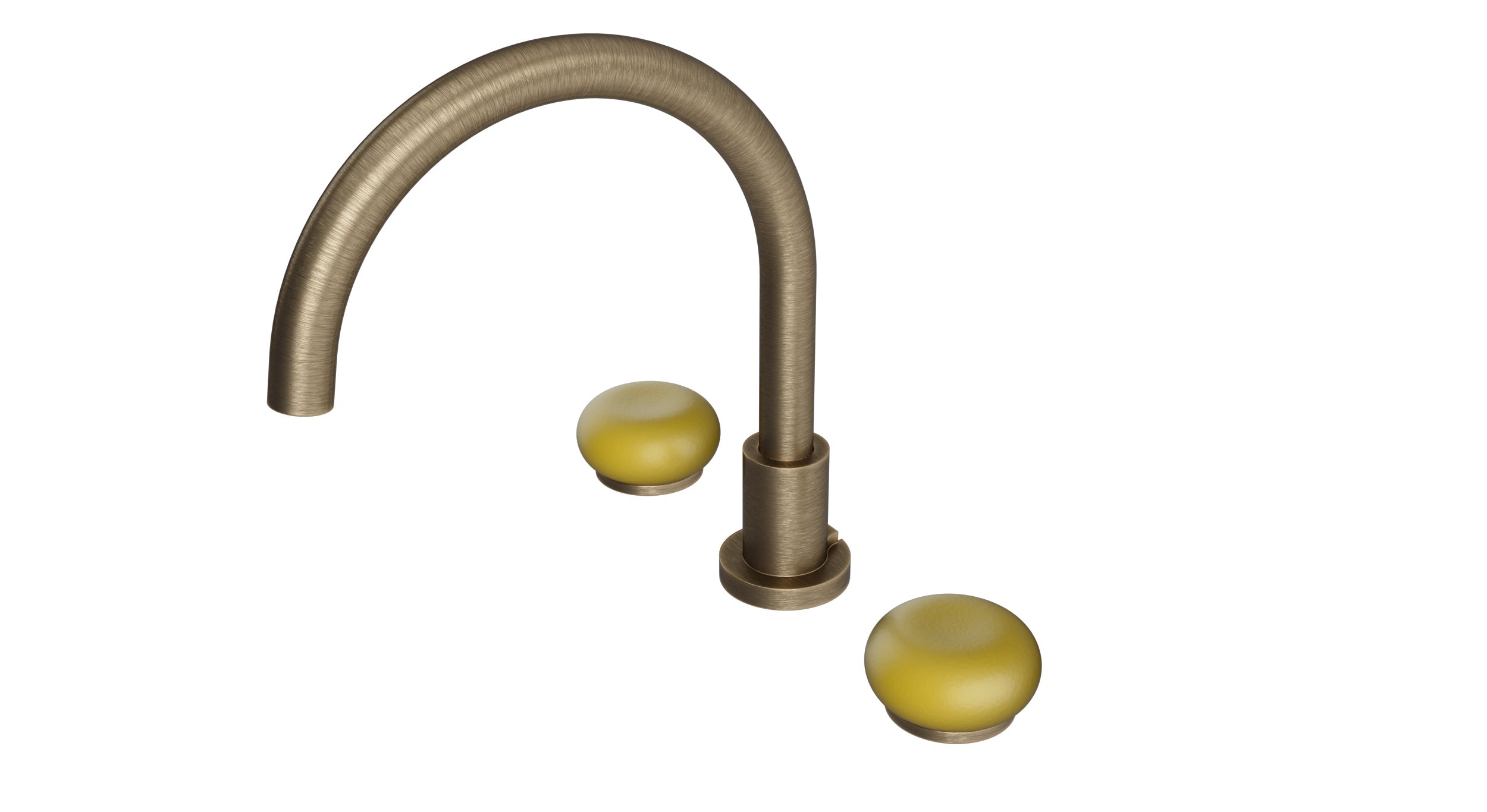 Foundry Two Handle Deck Mount Gooseneck Bath Trim with Pebble Ceramic Knob Handles in Antique Brass