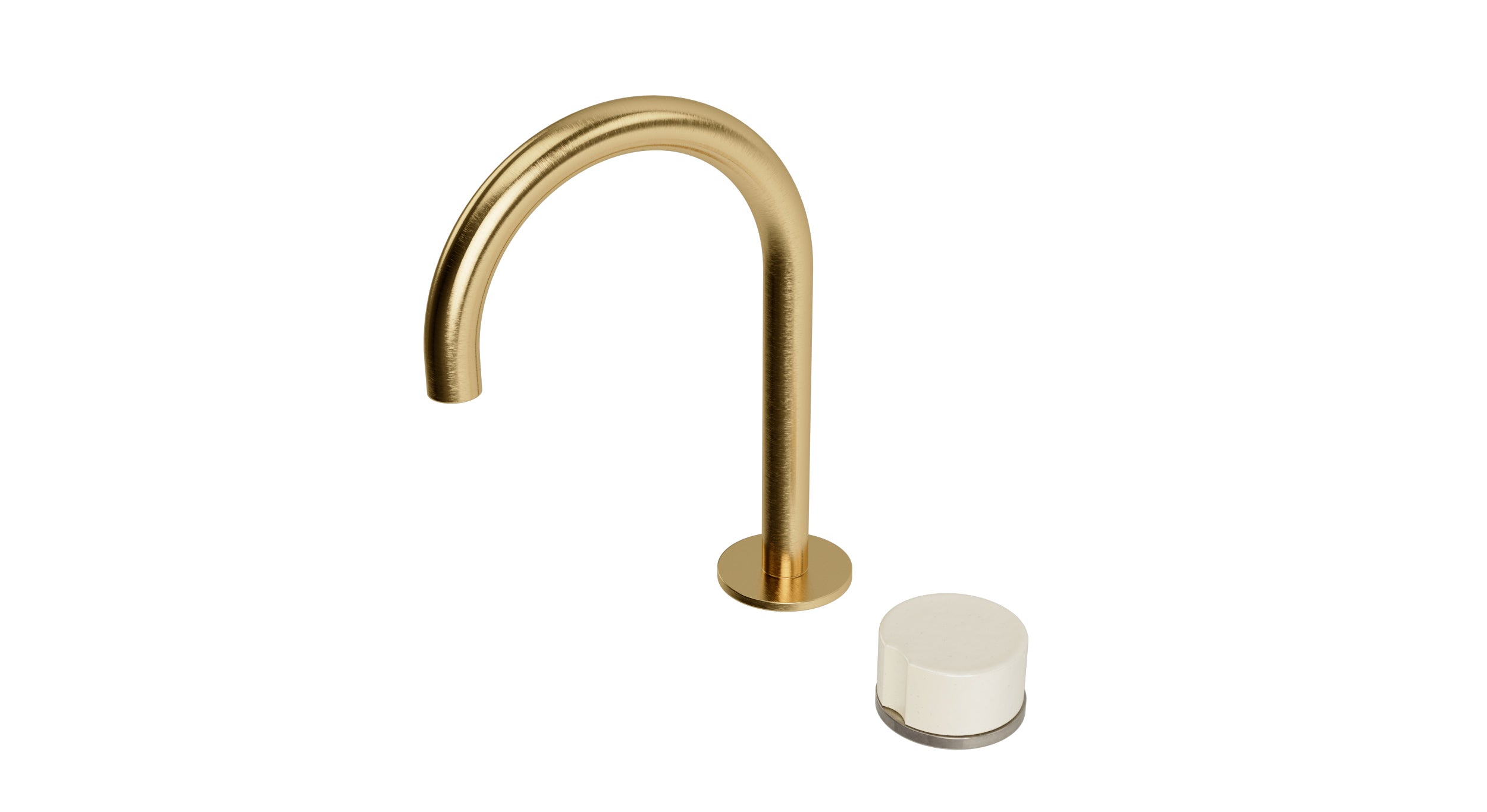 Foundry One Handle Deck Mount Gooseneck Lavatory Faucet with Groove Ceramic Knob Handle in Satin Brass