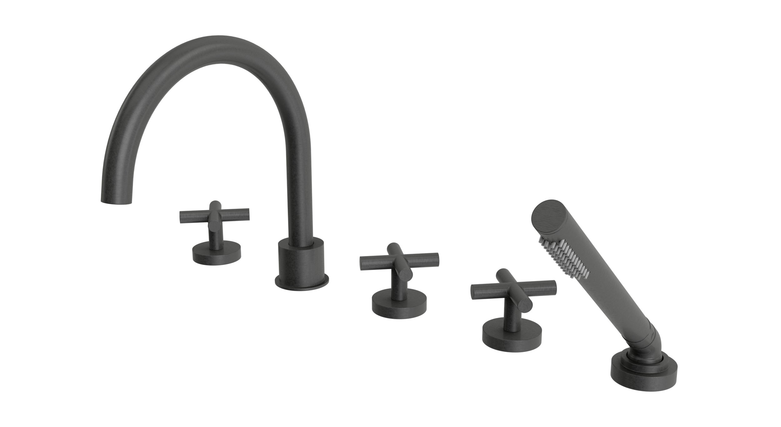 Contour Three Handle Deck Mount Gooseneck Bath Trim with Hand Shower and Soft Cross Handles in Blackened Nickel