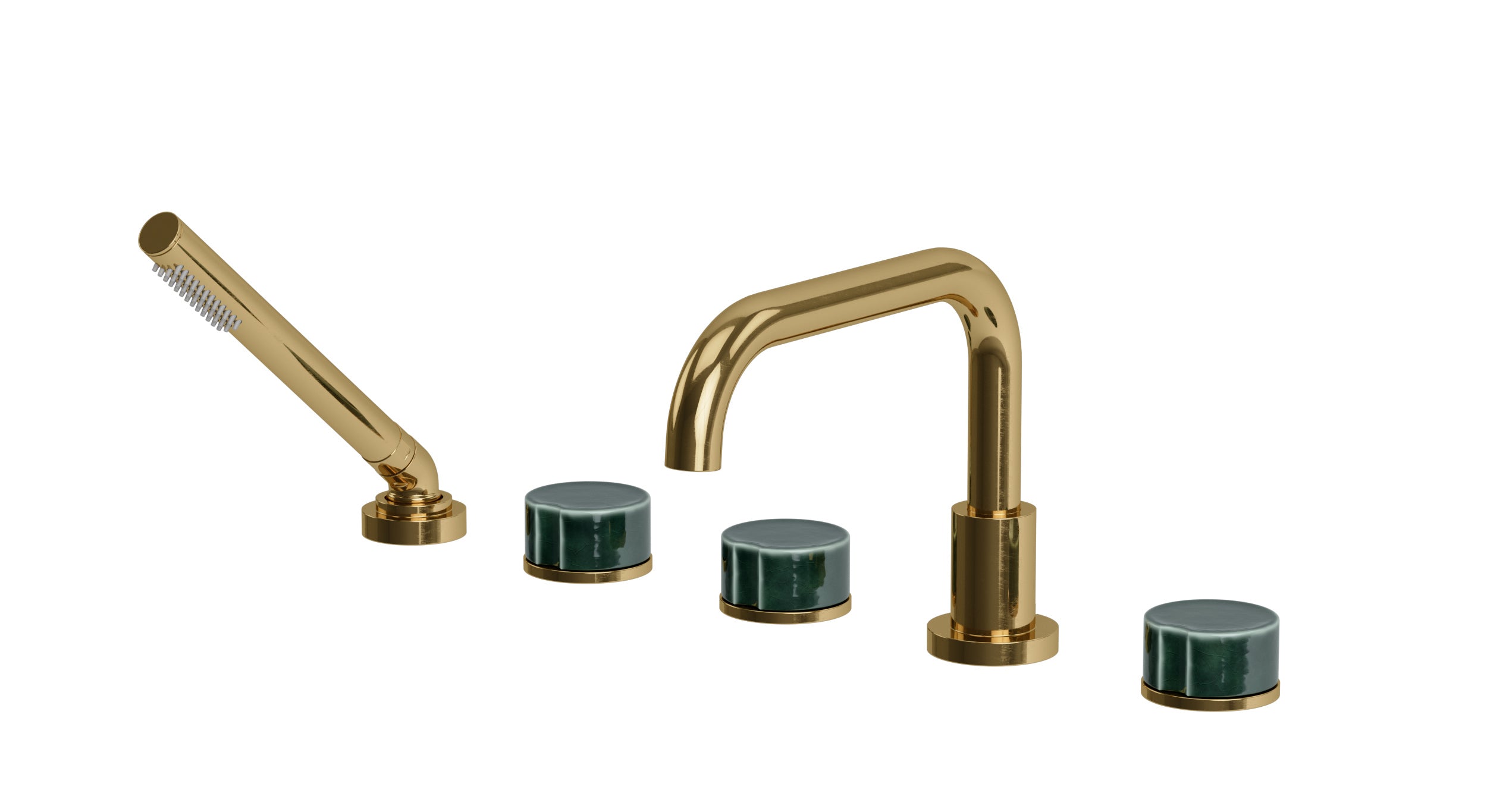 Foundry Three Handle Deck Mount Squaretop Bath Trim with Hand Shower and Groove Ceramic Knob Handles in Uncoated Polished Brass