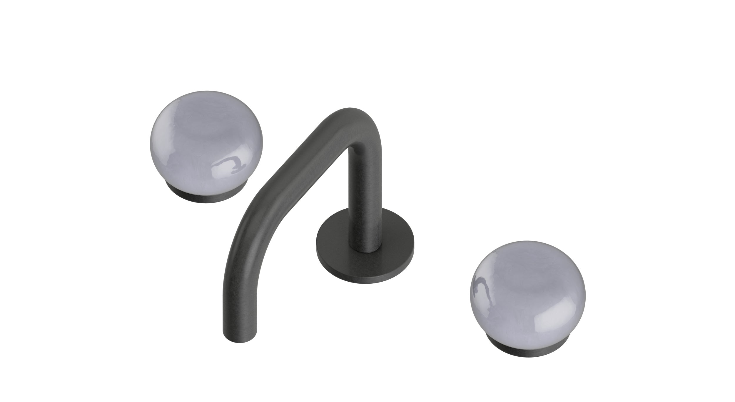 Foundry Two Handle Deck Mount Squaretop Lavatory Faucet with Pebble Ceramic Knob Handles in Blackened Nickel