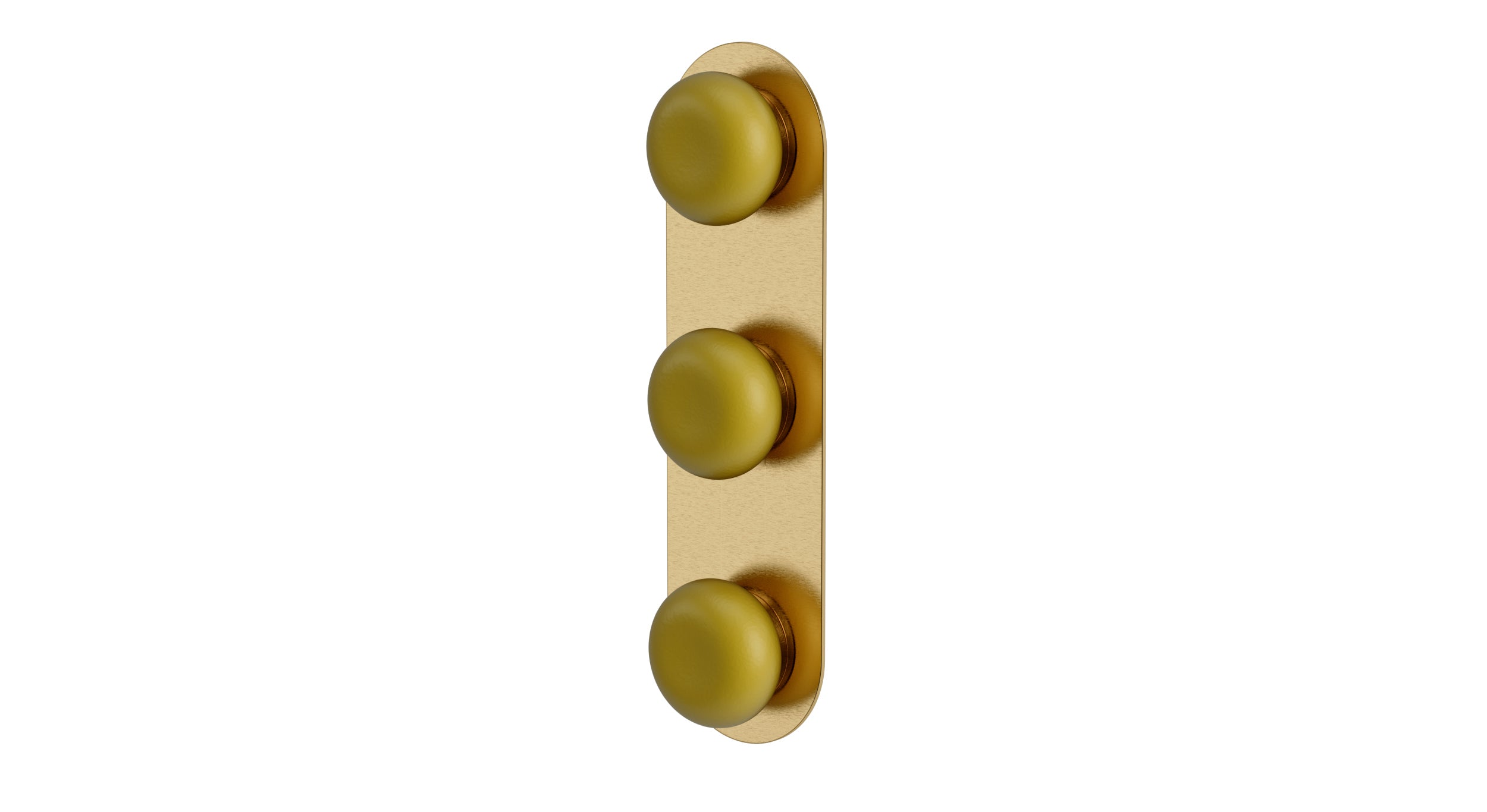 Foundry Three Handle Wall Mount Shower Trim with Pebble Ceramic Knob Handles in Satin Brass