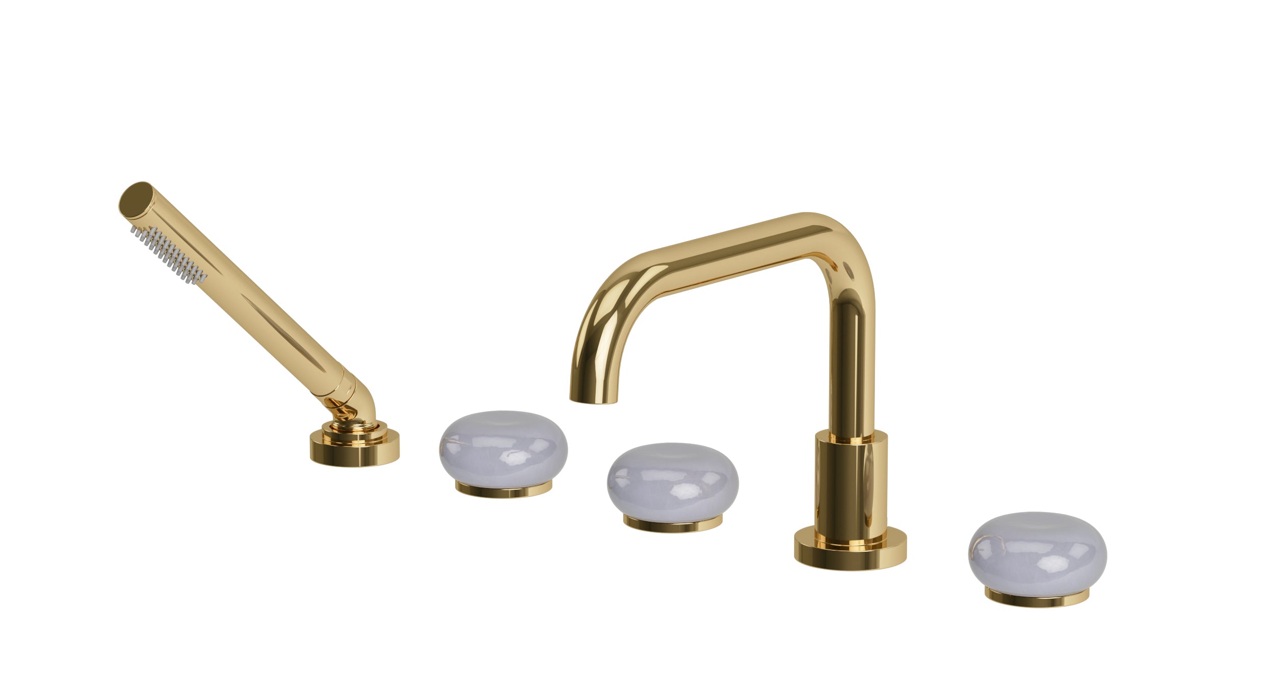 Foundry Three Handle Deck Mount Squaretop Bath Trim with Hand Shower and Pebble Ceramic Knob Handles in Polished Brass